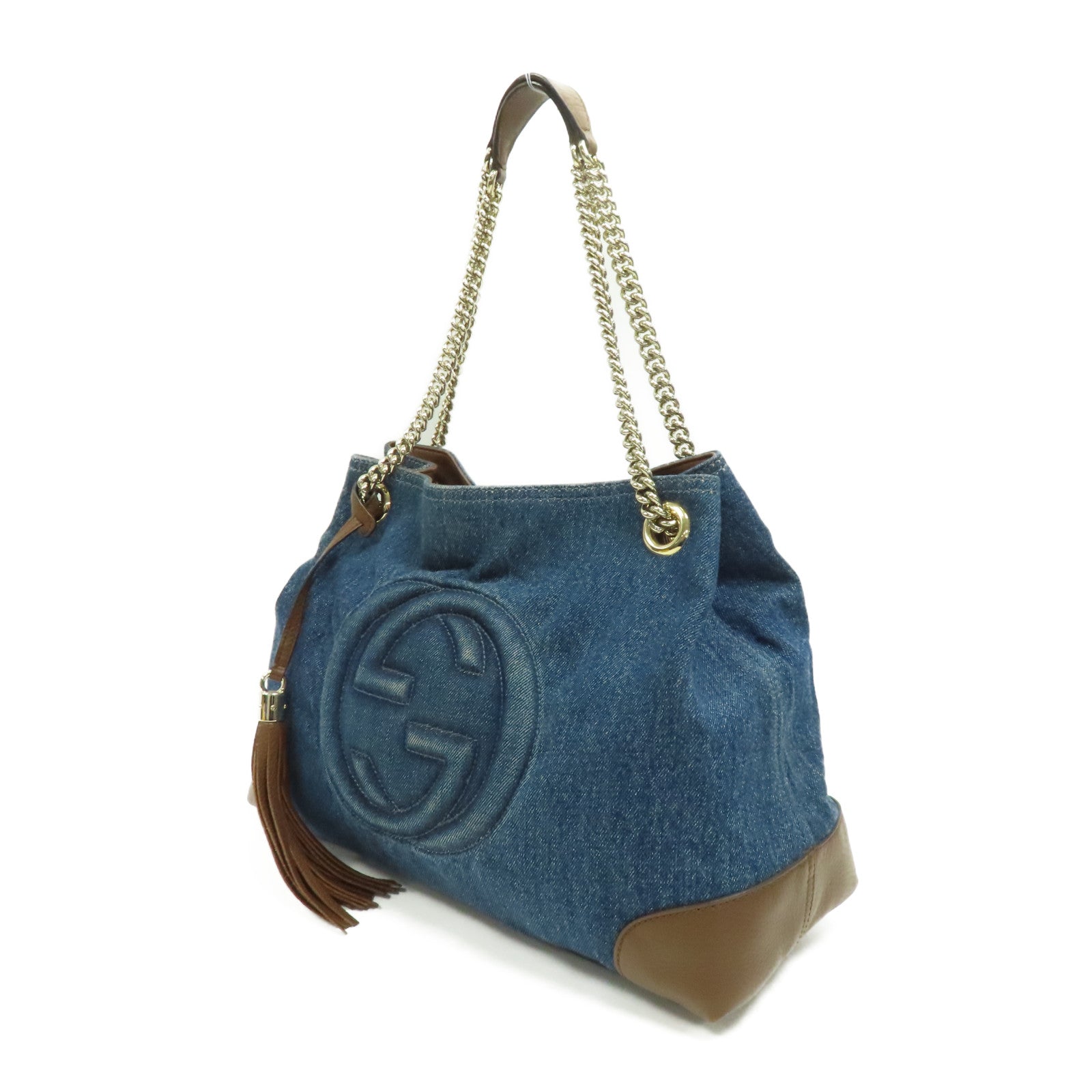 GUCCI 牛仔布Soho Pebbled金扣鏈帶肩背袋藍色