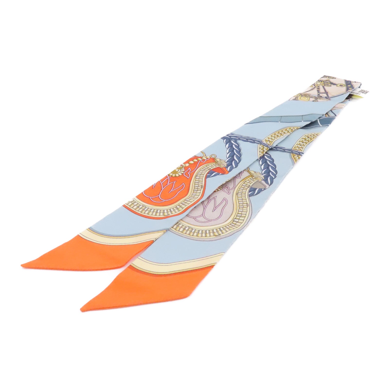 HERMES 絲質Twilly絲巾淺藍色/橙色/米色