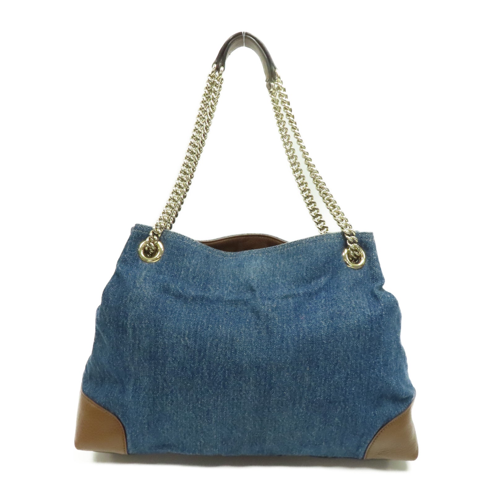 GUCCI 牛仔布Soho Pebbled金扣鏈帶肩背袋藍色
