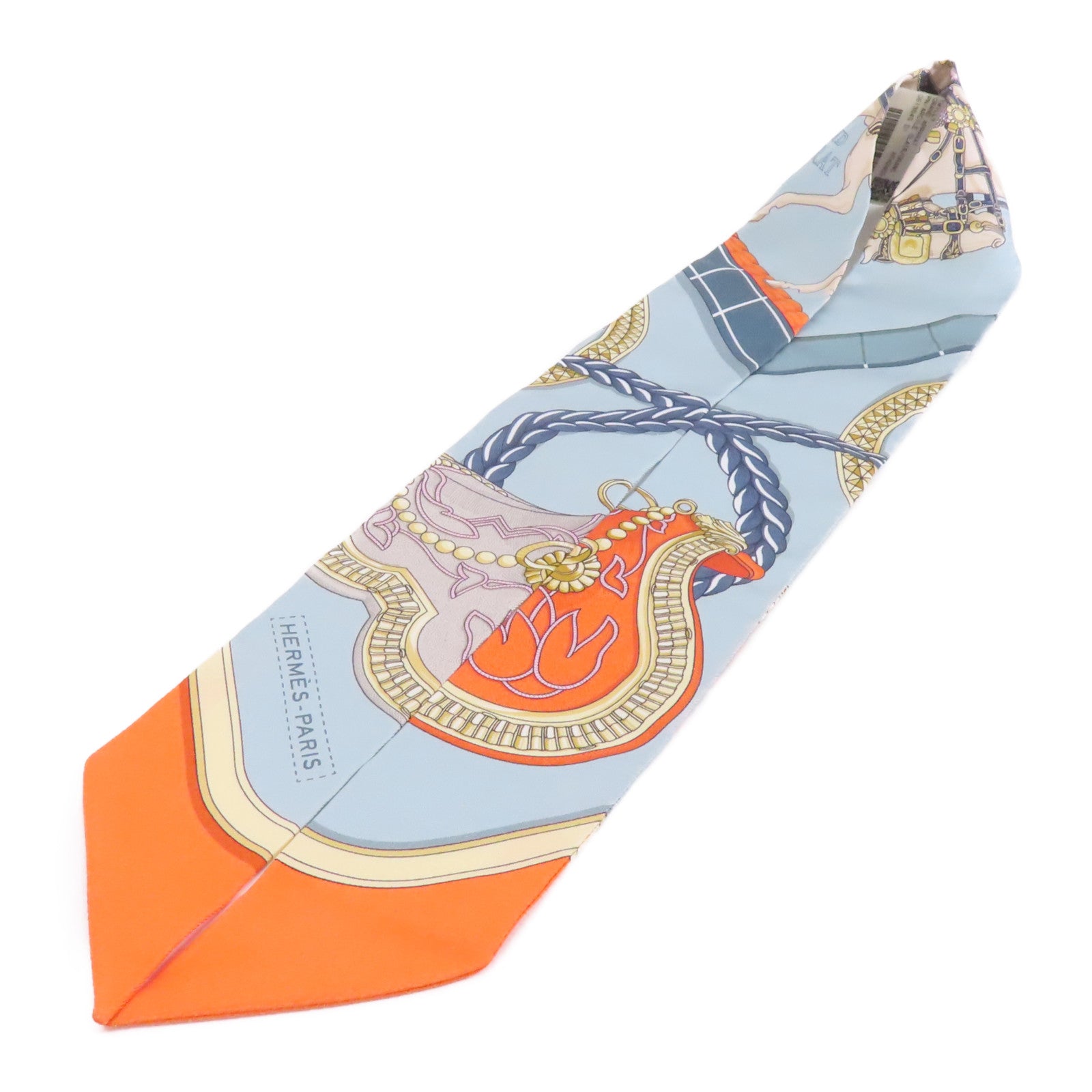 HERMES 絲質Twilly絲巾淺藍色/橙色/米色