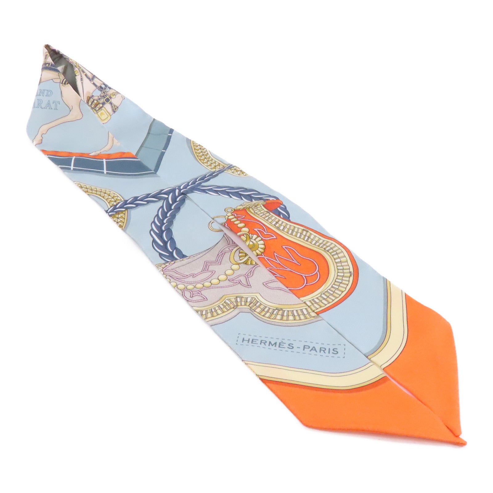 HERMES 絲質Twilly絲巾淺藍色/橙色/米色