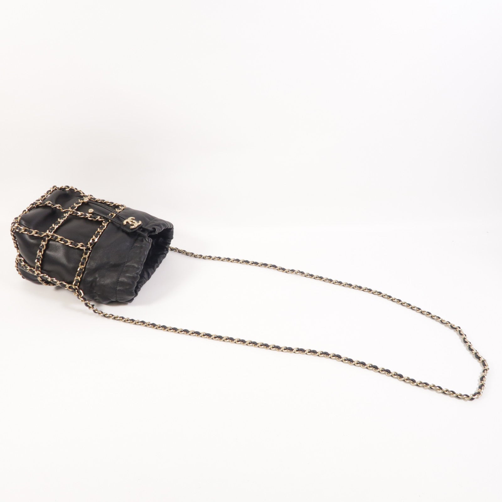 CHANEL 羊皮皮革Drawstring Bag金扣鏈帶肩背袋