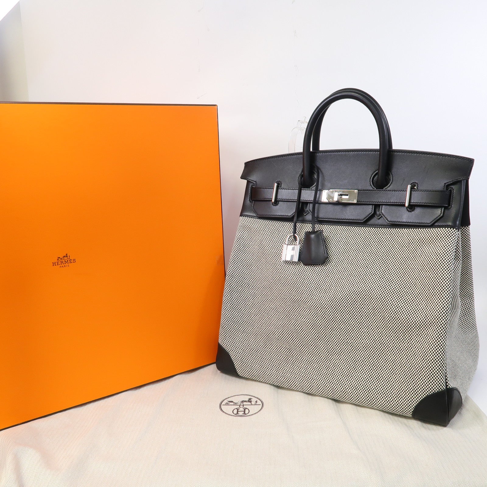 HERMES Toile H帆布/Evercolor皮革Birkin 40 HAC銀扣手挽袋黑色