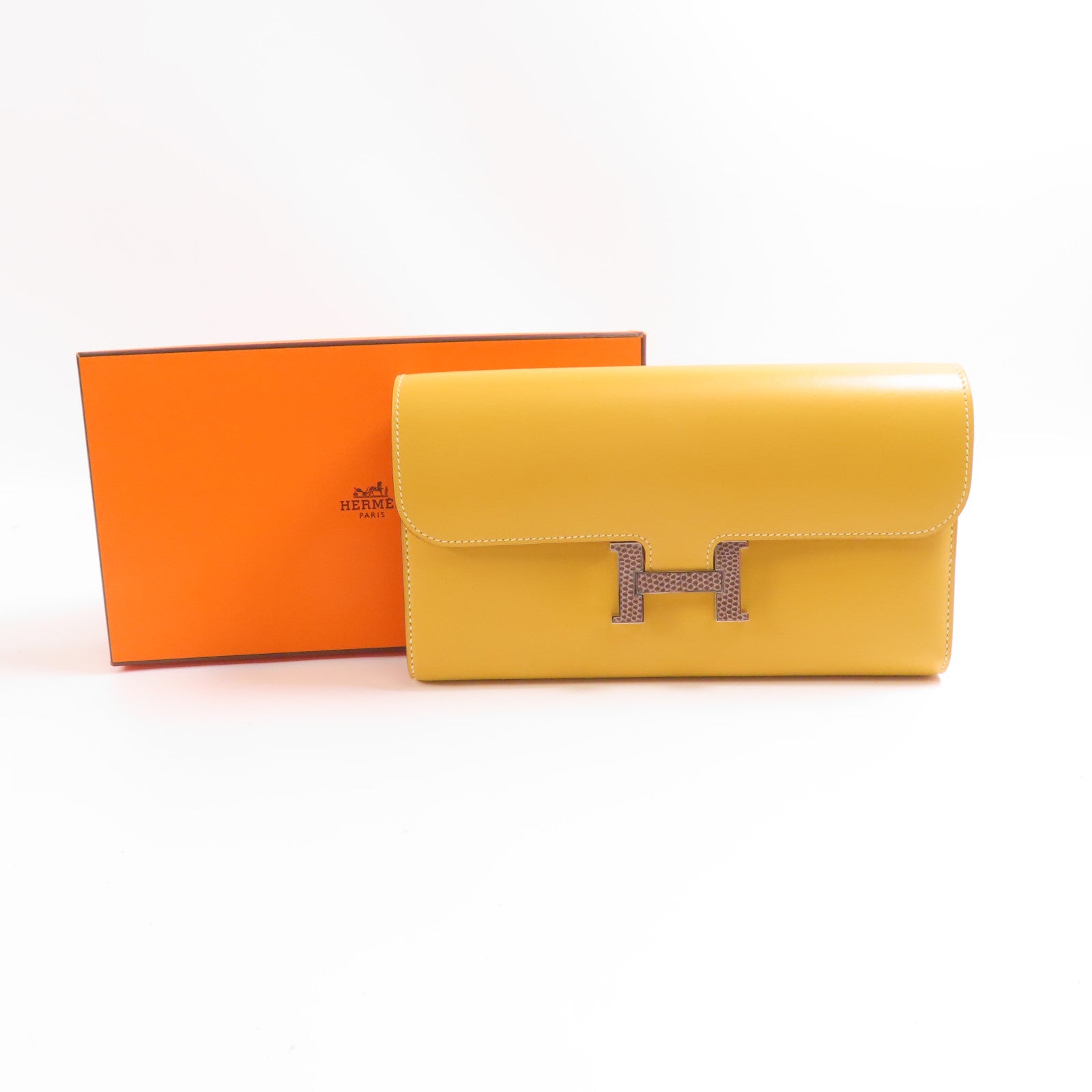 HERMES Tadelakt/蜥蝪皮革Constance Long Wallet銀扣長錢包Brown