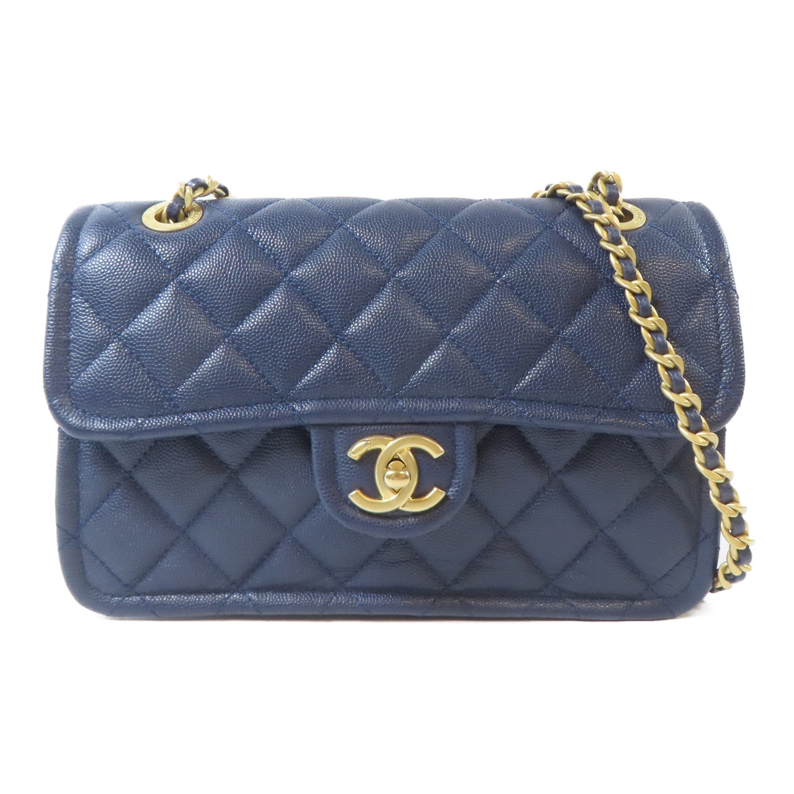 CHANEL 菱格Caviar皮革Chain Shoulder Bag金扣鏈帶肩背袋藍色