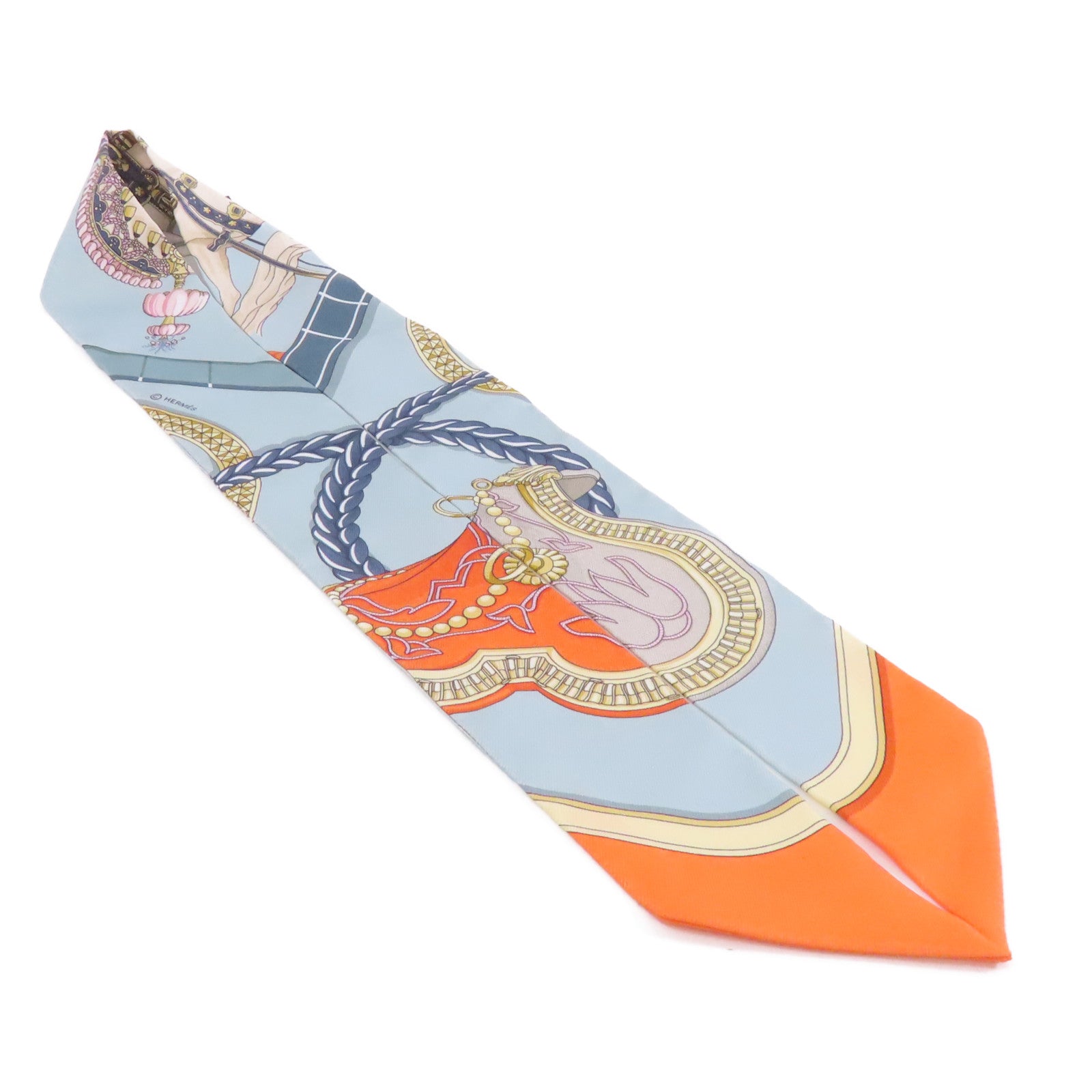 HERMES 絲質Twilly絲巾淺藍色/橙色/米色
