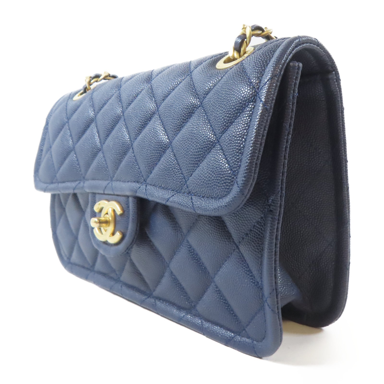 CHANEL 菱格Caviar皮革Chain Shoulder Bag金扣鏈帶肩背袋藍色