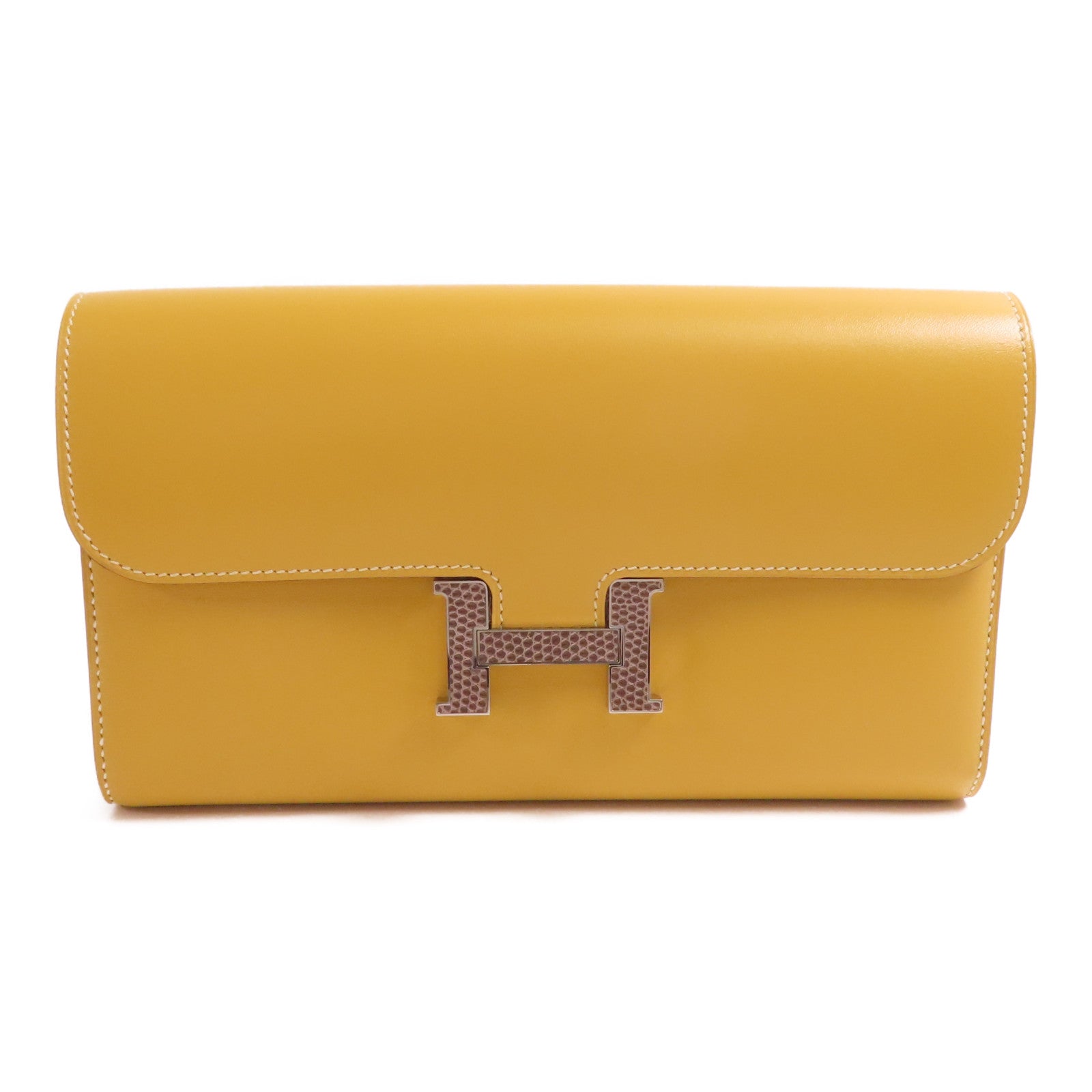 HERMES Tadelakt/蜥蝪皮革Constance Long Wallet銀扣長錢包Brown