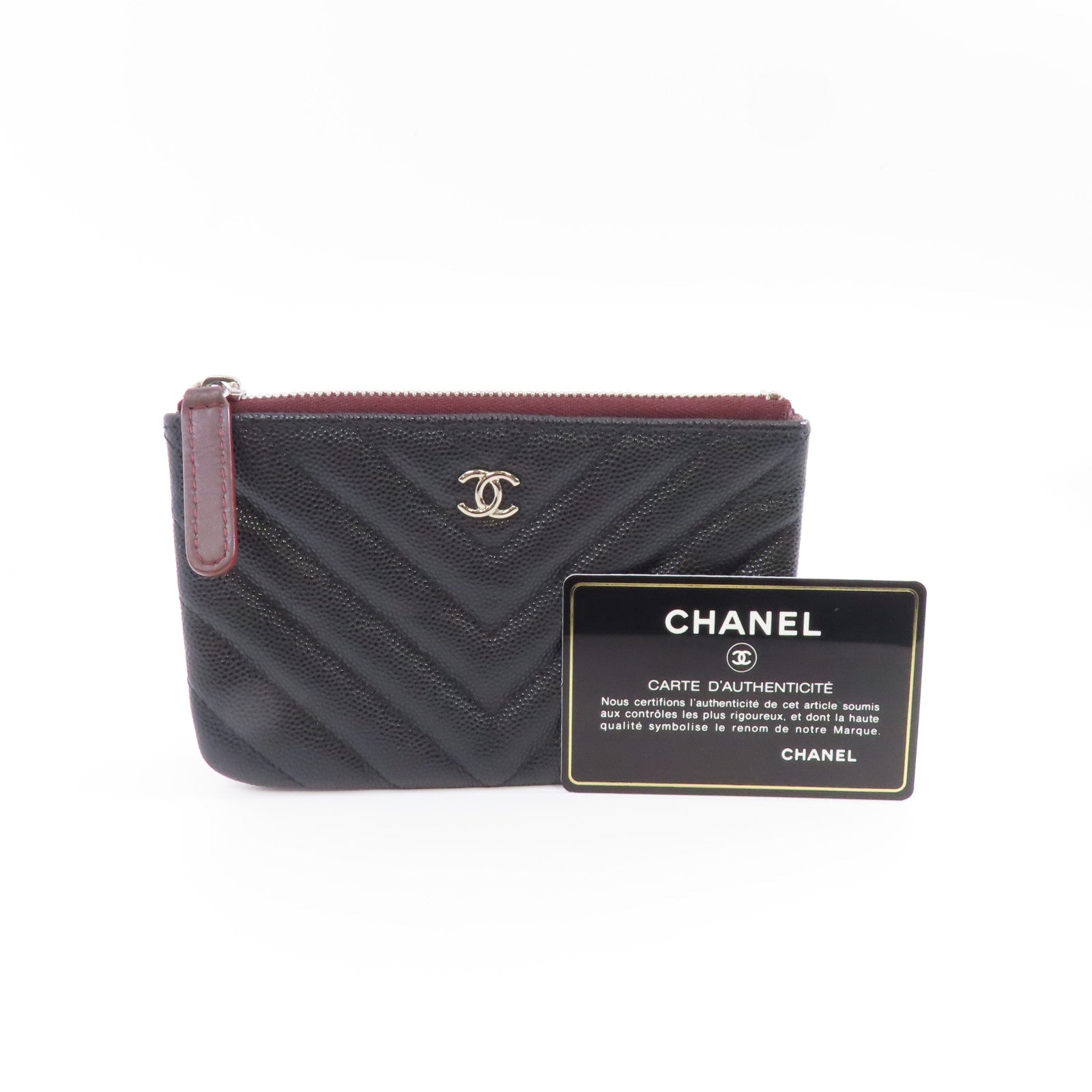 CHANEL 斜紋Caviar皮革Zipper Wallet銀扣拉鍊錢包黑色