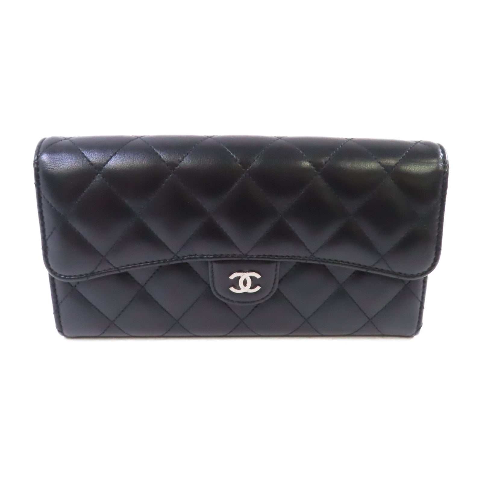 CHANEL 羊皮皮革Long Wallet銀扣長錢包黑色