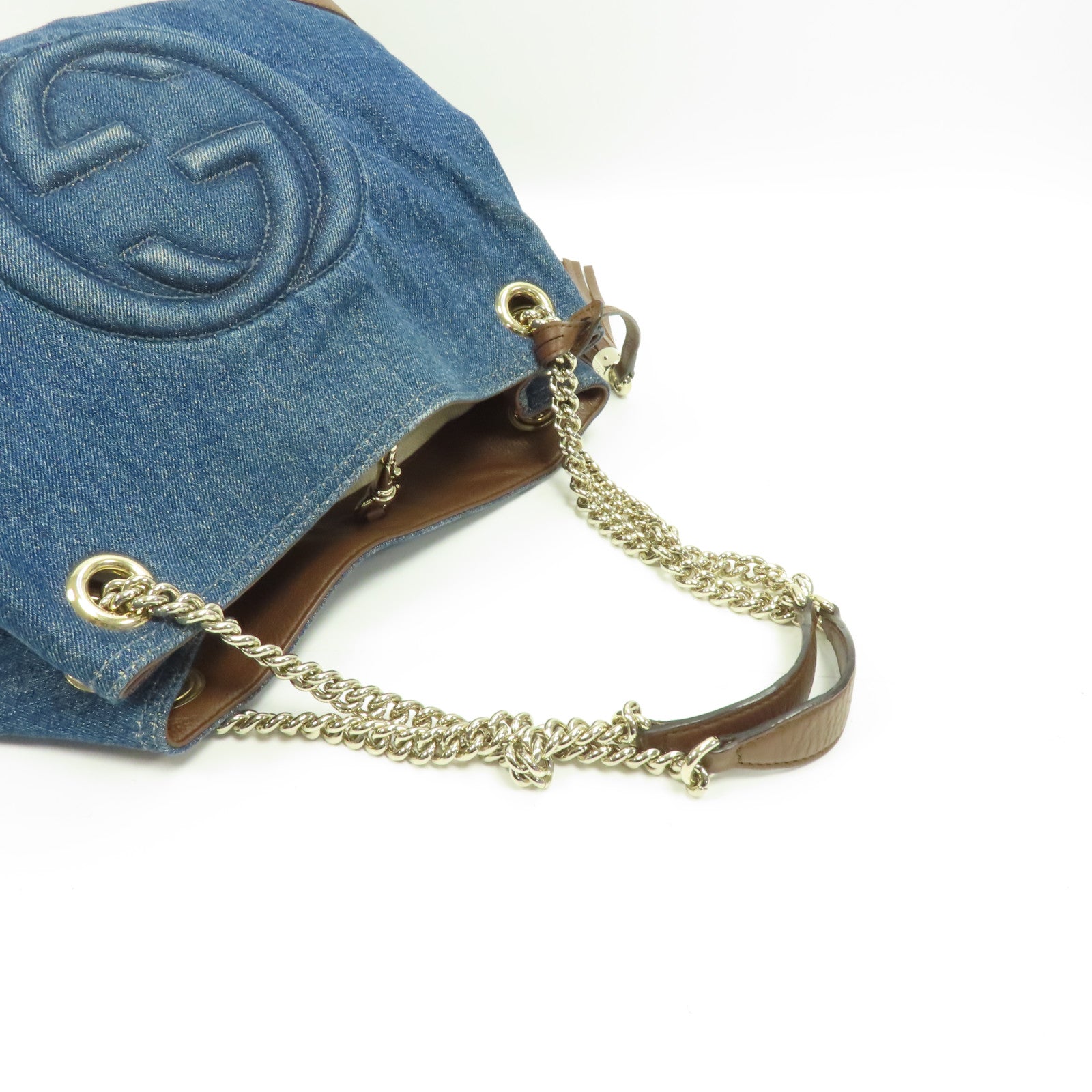 GUCCI 牛仔布Soho Pebbled金扣鏈帶肩背袋藍色