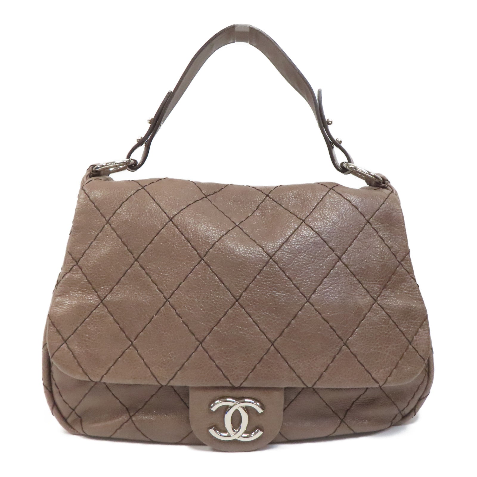 CHANEL 菱格牛皮皮革Shoulder Bag銀扣肩背袋啡色