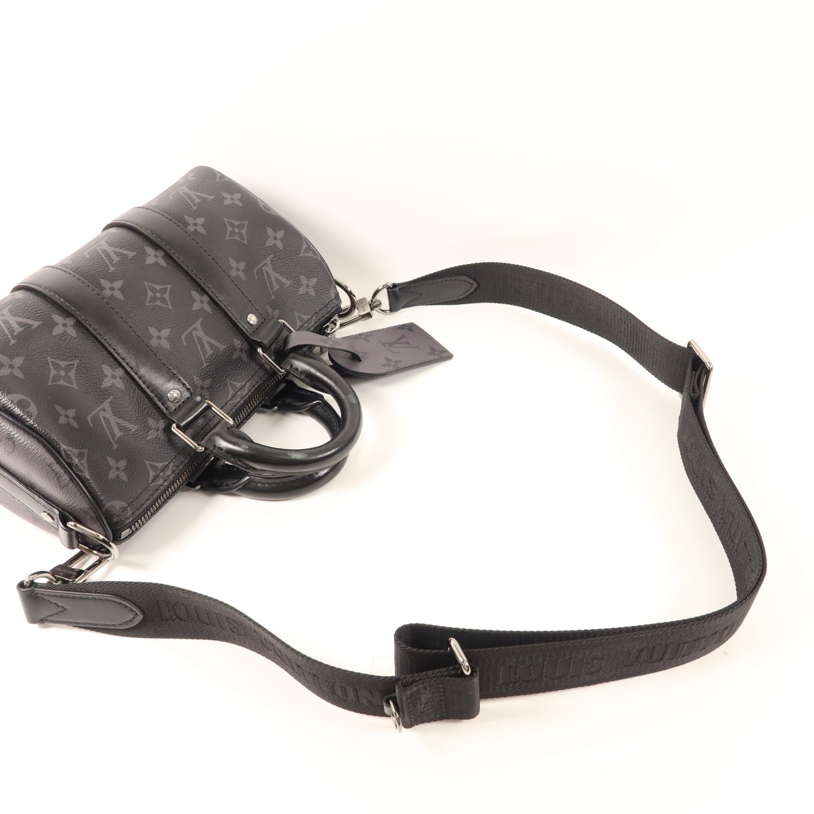 LOUIS VUITTON Monogram Eclipse Keepall Bandouliere 25銀扣手挽肩背兩用袋