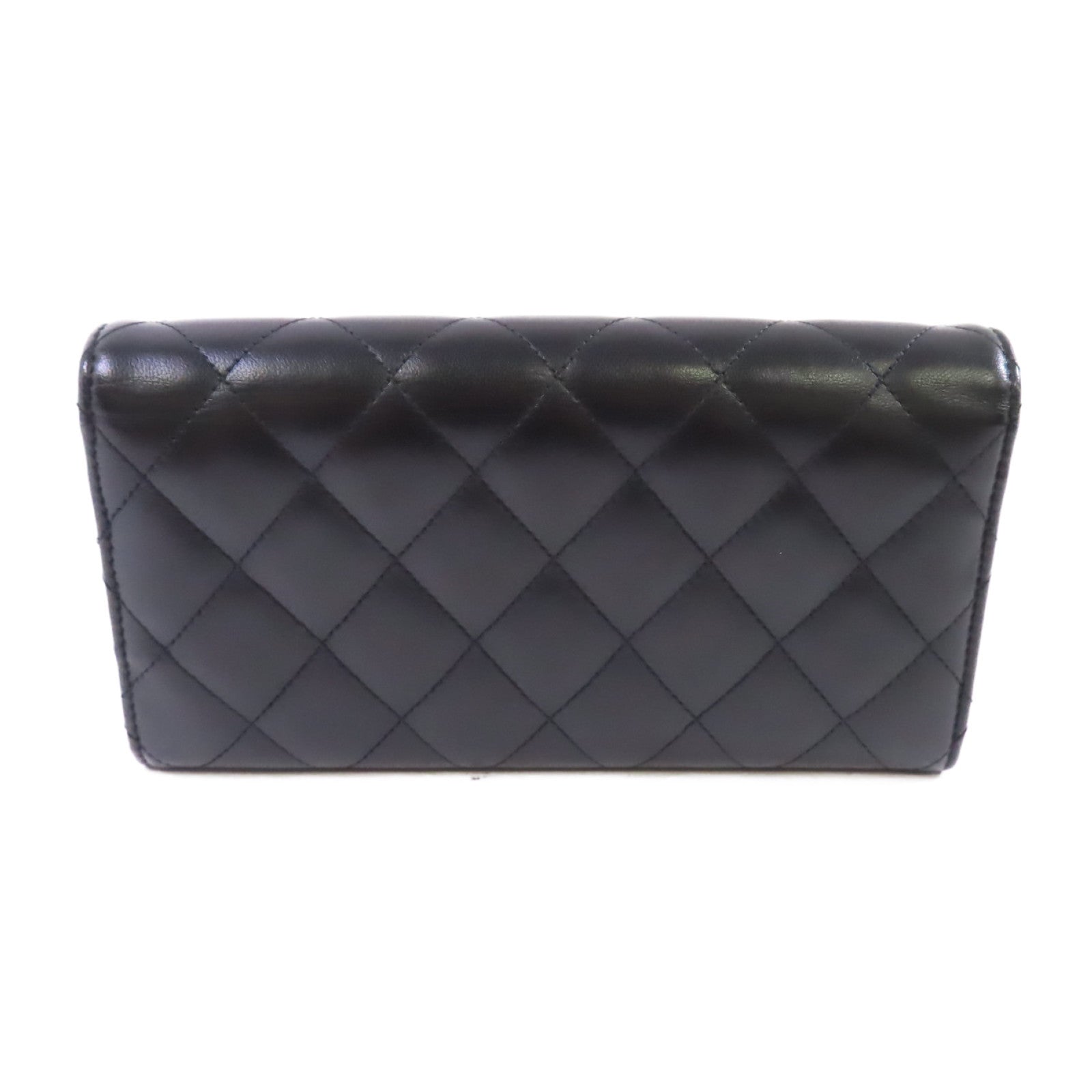 CHANEL 羊皮皮革Long Wallet銀扣長錢包黑色