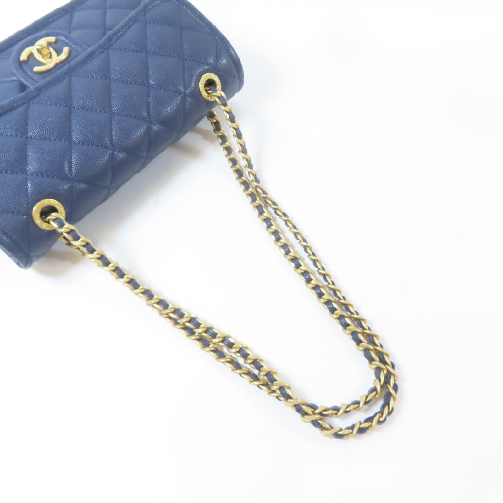 CHANEL 菱格Caviar皮革Chain Shoulder Bag金扣鏈帶肩背袋藍色