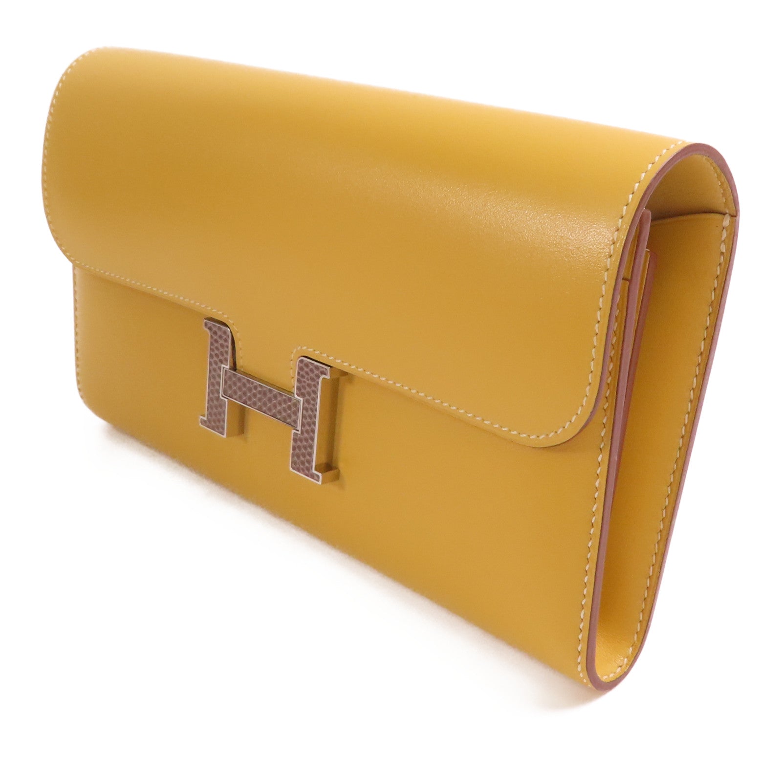 HERMES Tadelakt/蜥蝪皮革Constance Long Wallet銀扣長錢包Brown