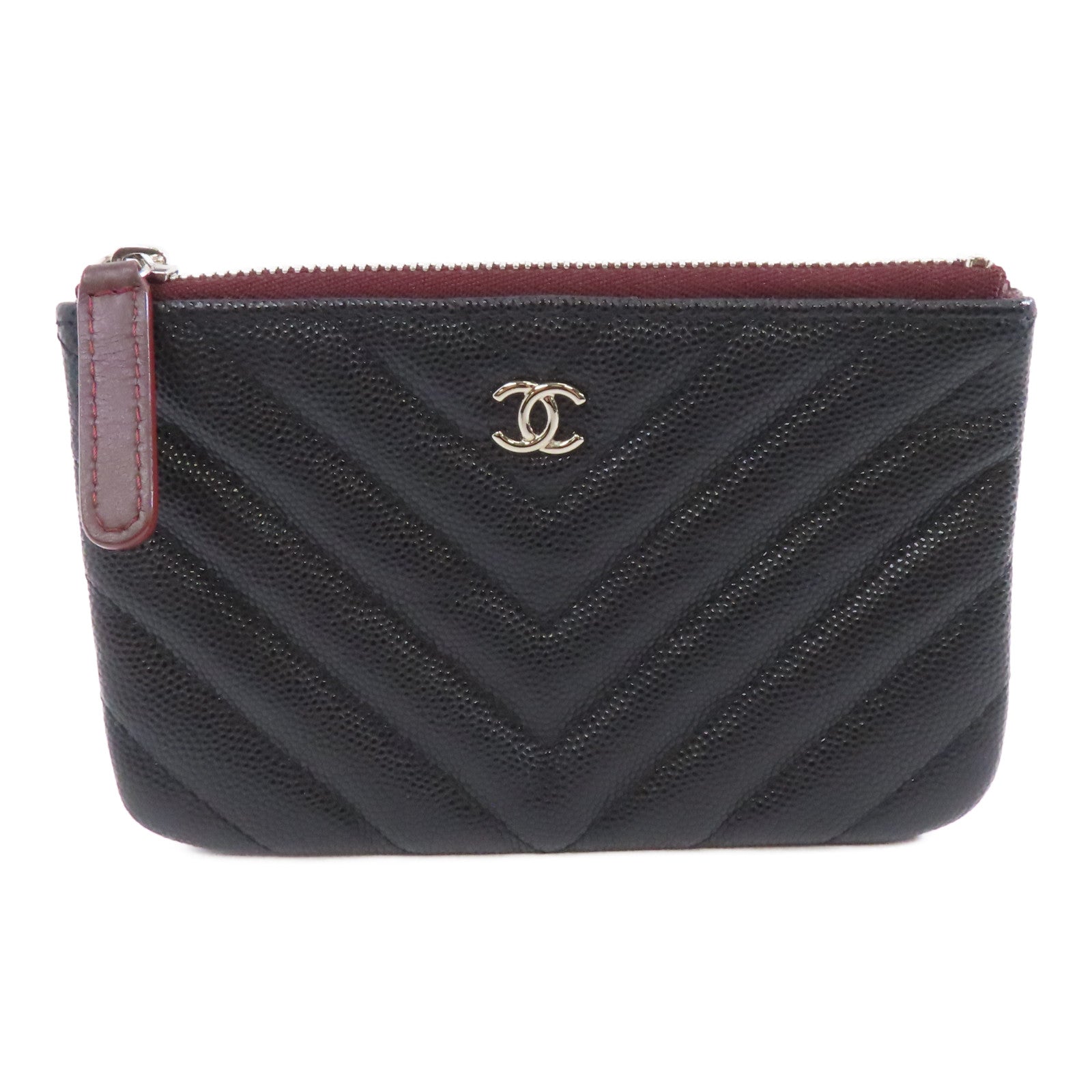 CHANEL 斜紋Caviar皮革Zipper Wallet銀扣拉鍊錢包黑色