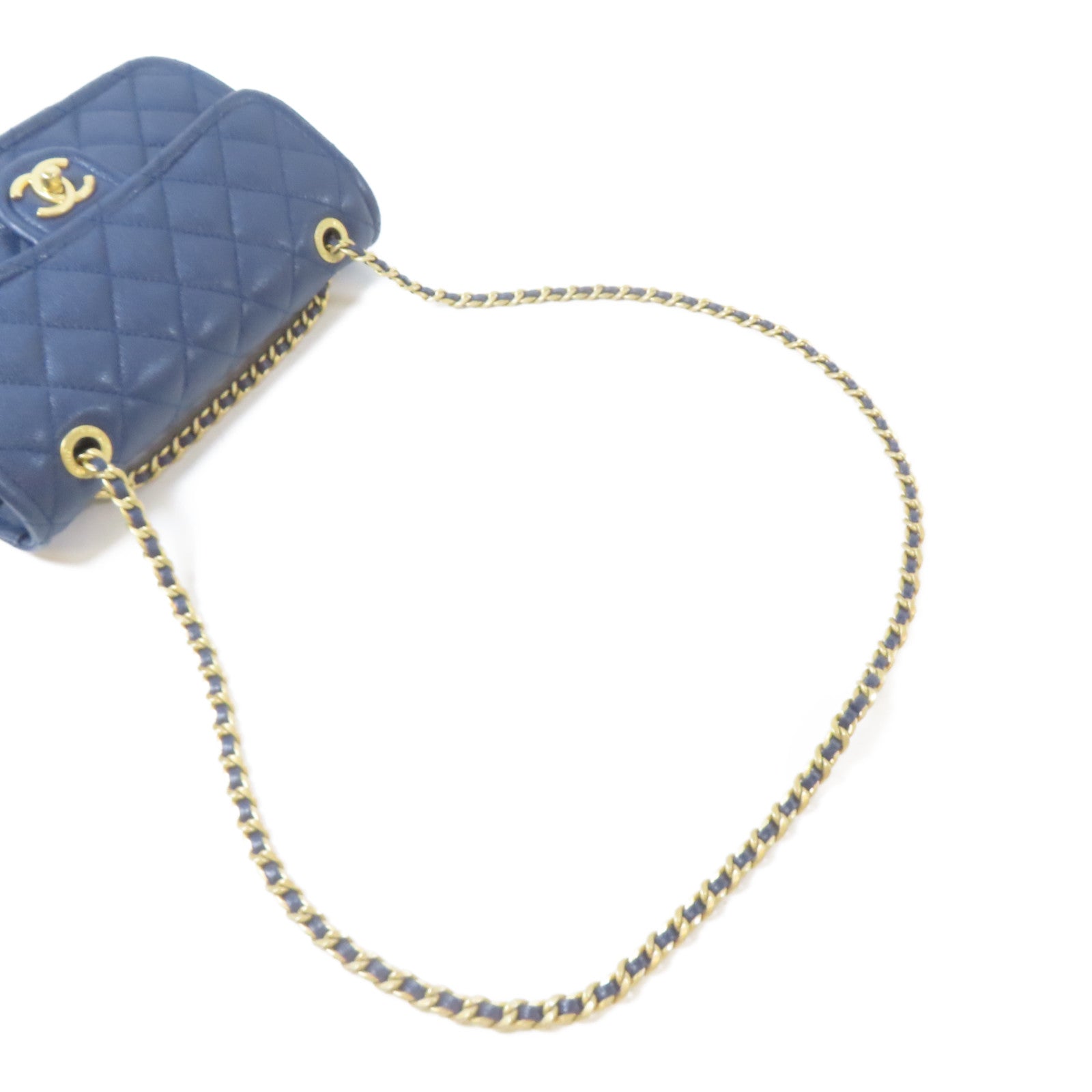 CHANEL 菱格Caviar皮革Chain Shoulder Bag金扣鏈帶肩背袋藍色
