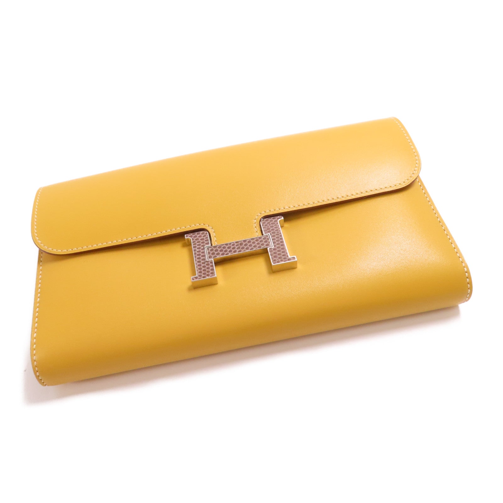 HERMES Tadelakt/蜥蝪皮革Constance Long Wallet銀扣長錢包Brown