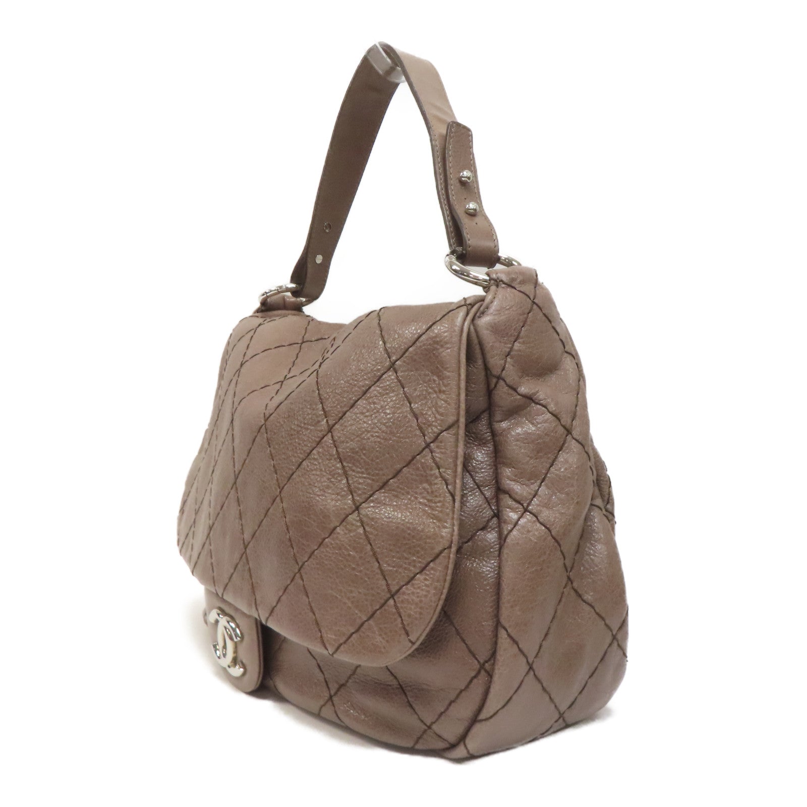 CHANEL 菱格牛皮皮革Shoulder Bag銀扣肩背袋啡色