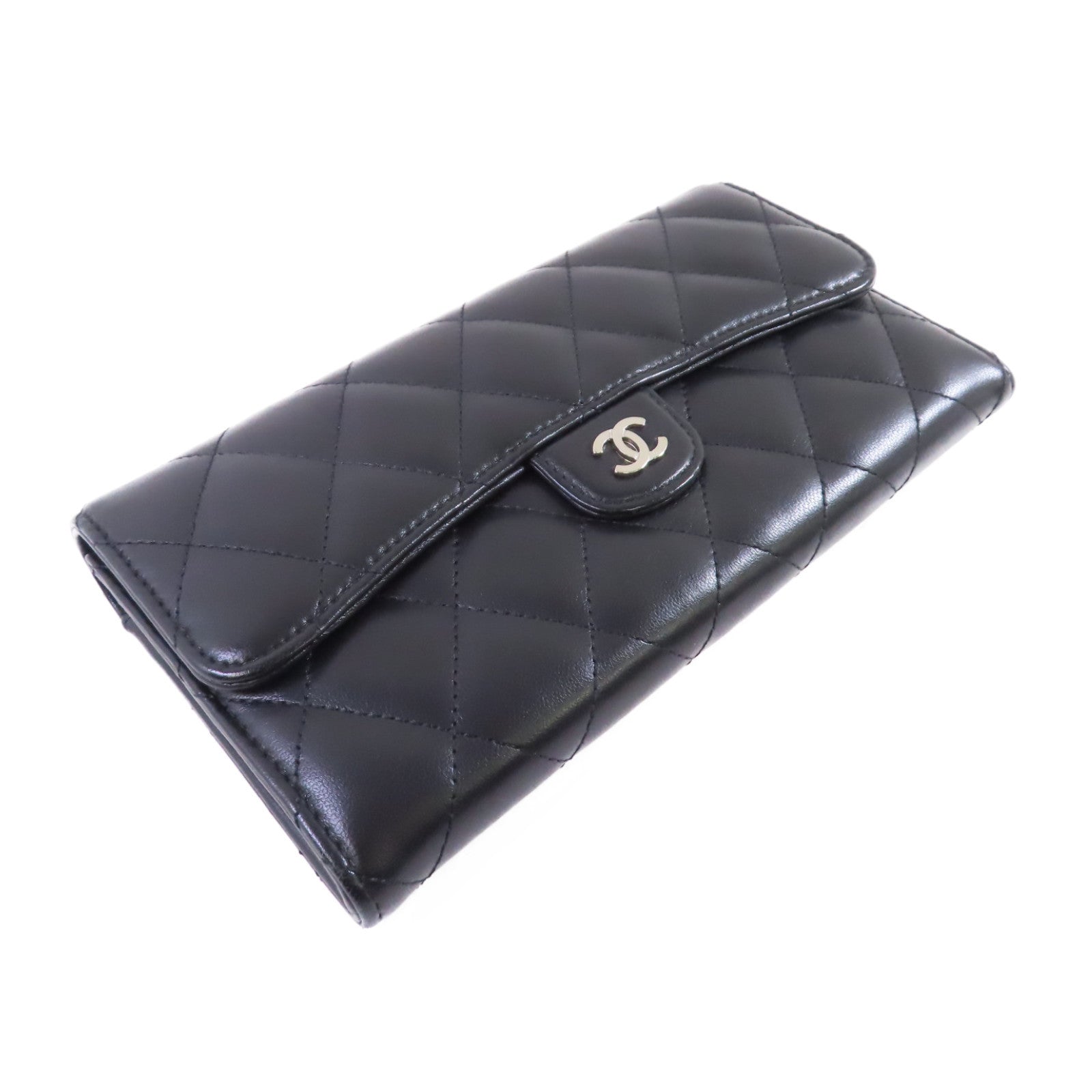 CHANEL 羊皮皮革Long Wallet銀扣長錢包黑色