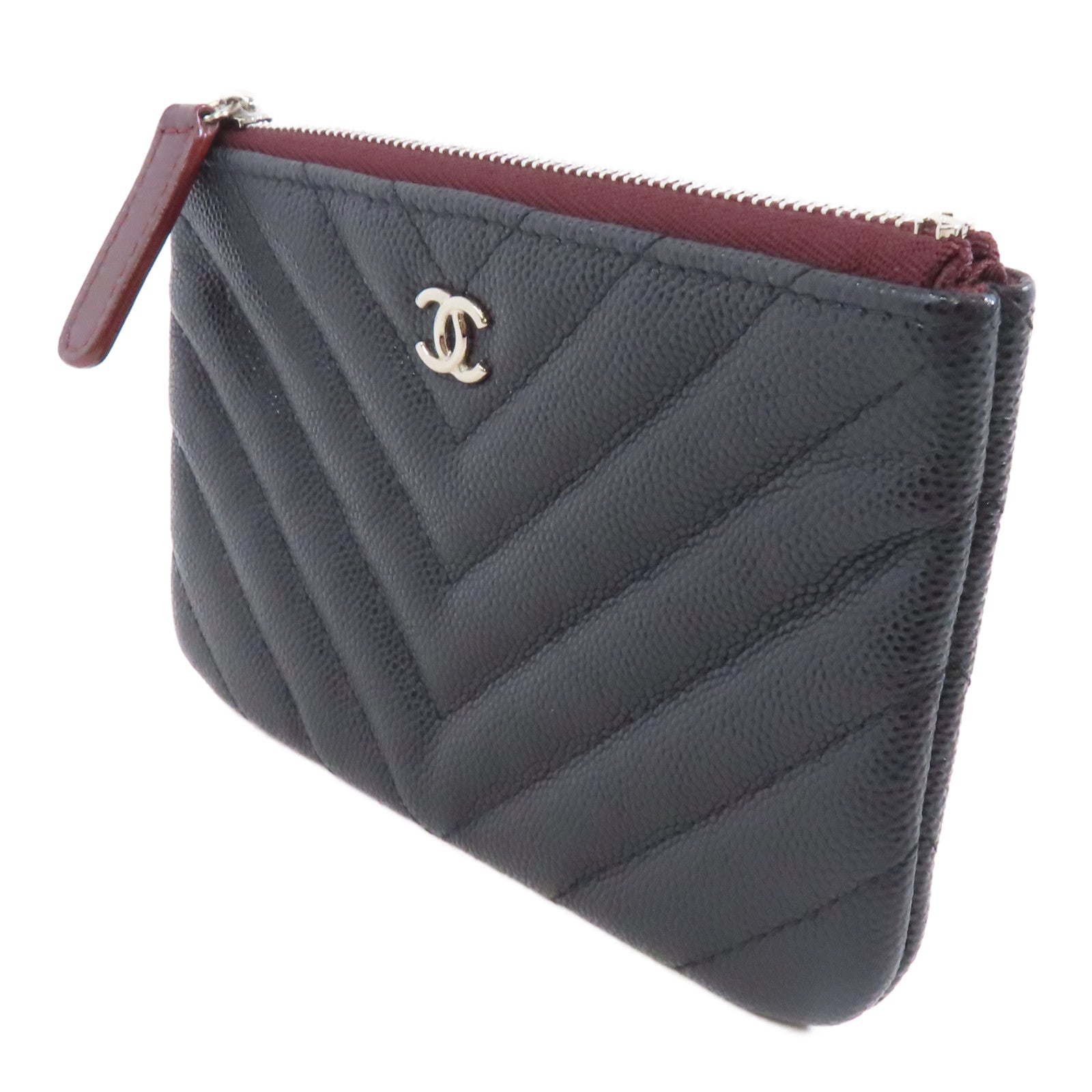 CHANEL 斜紋Caviar皮革Zipper Wallet銀扣拉鍊錢包黑色