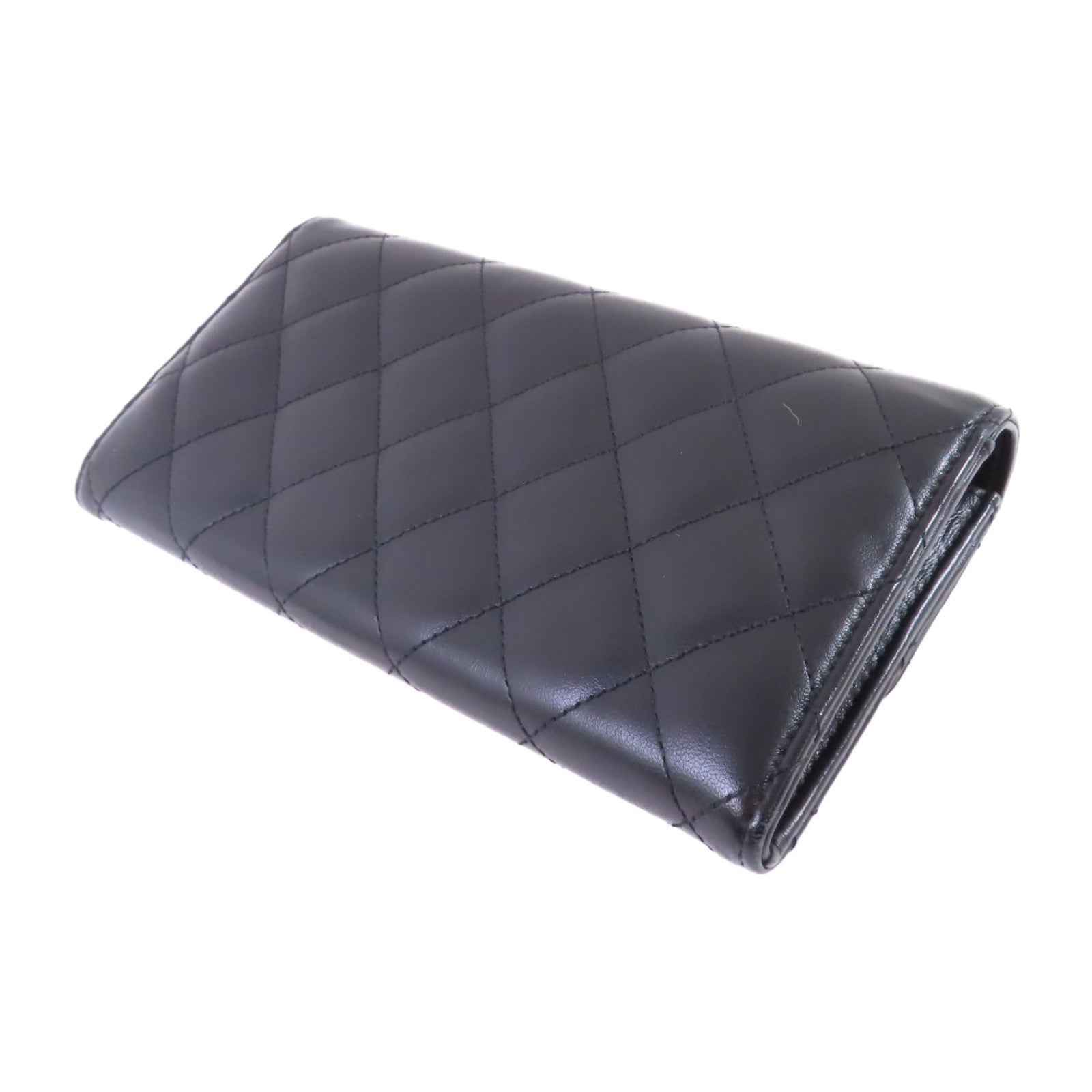 CHANEL 羊皮皮革Long Wallet銀扣長錢包黑色