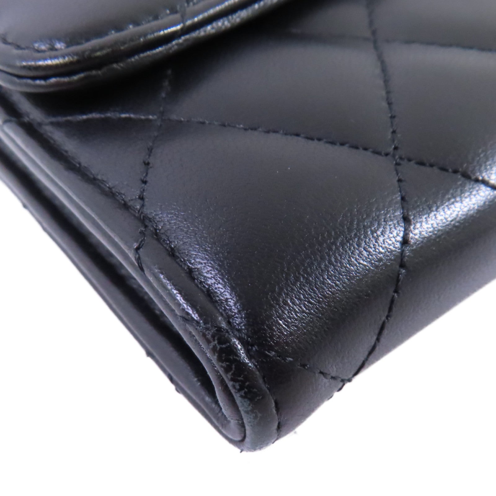 CHANEL 羊皮皮革Long Wallet銀扣長錢包黑色