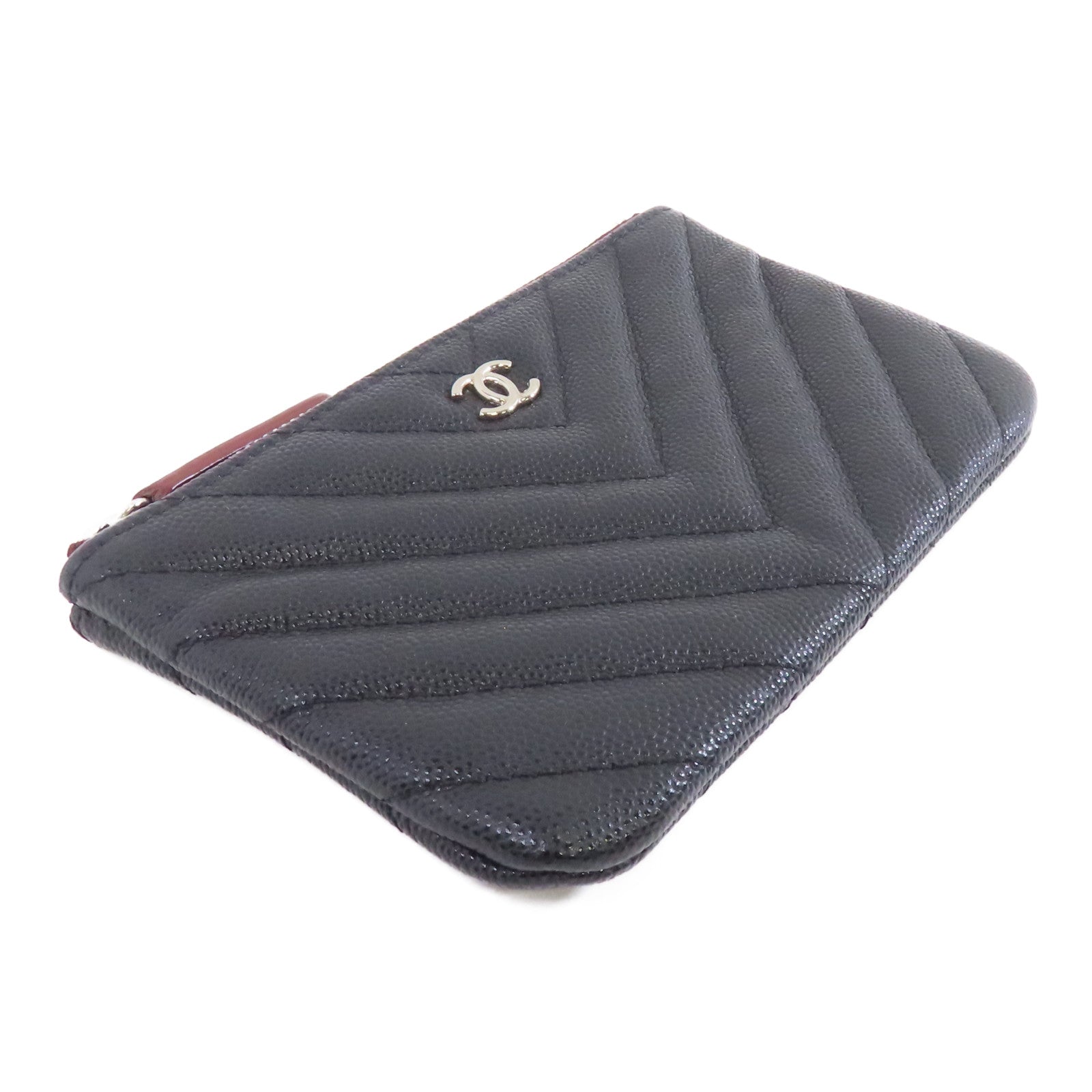 CHANEL 斜紋Caviar皮革Zipper Wallet銀扣拉鍊錢包黑色