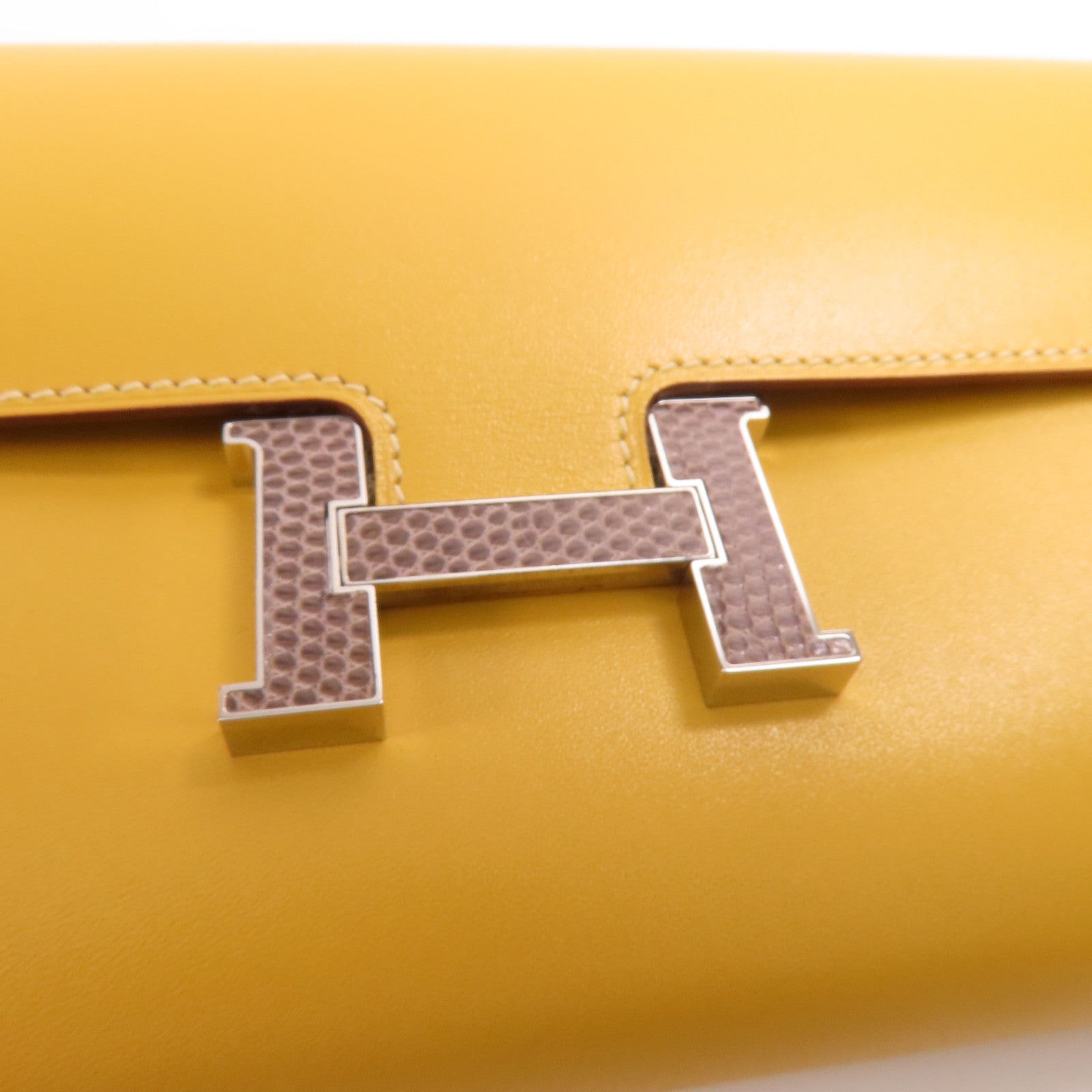 HERMES Tadelakt/蜥蝪皮革Constance Long Wallet銀扣長錢包Brown