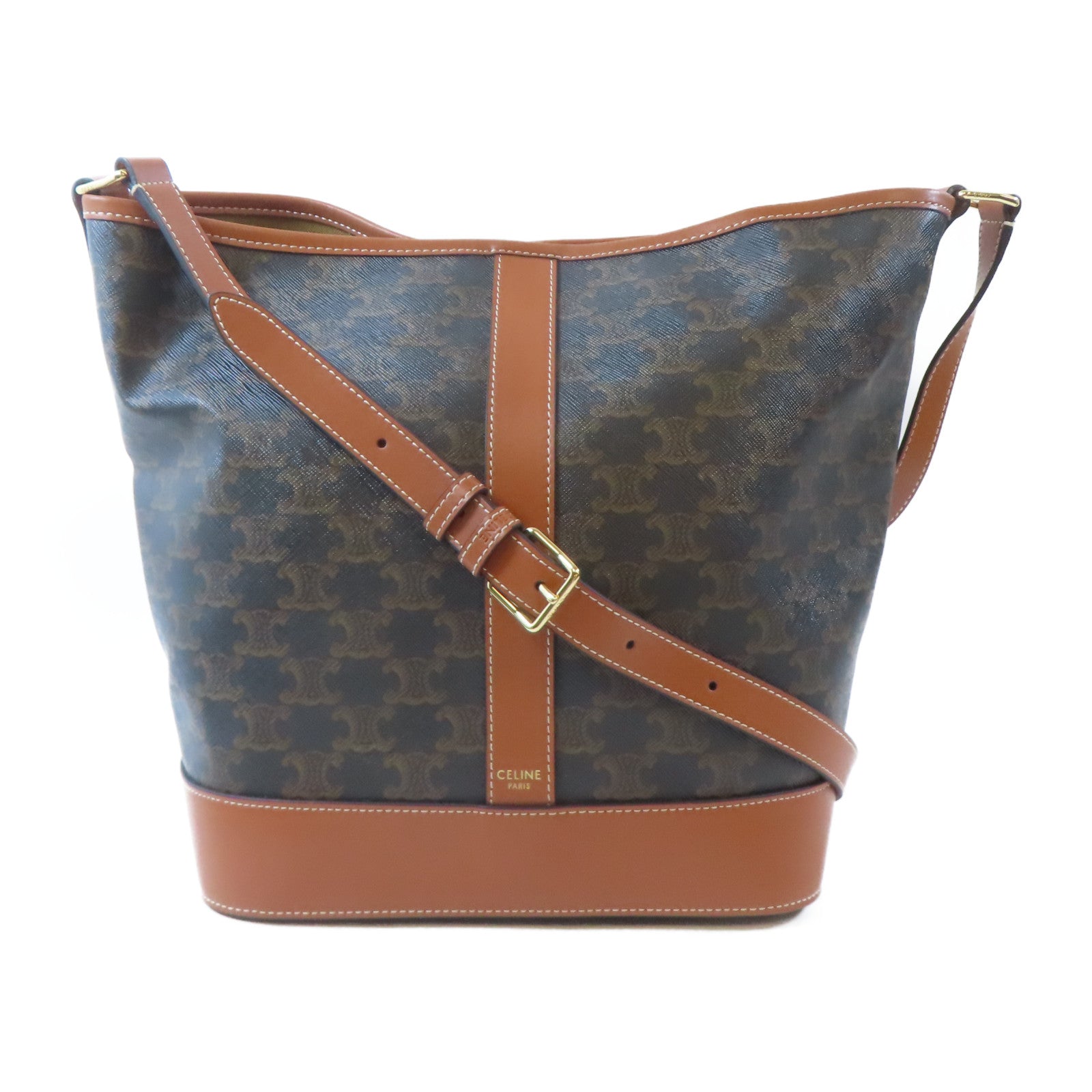 CELINE 塗層帆布Triomphe Bucket MM金扣肩背袋棕色