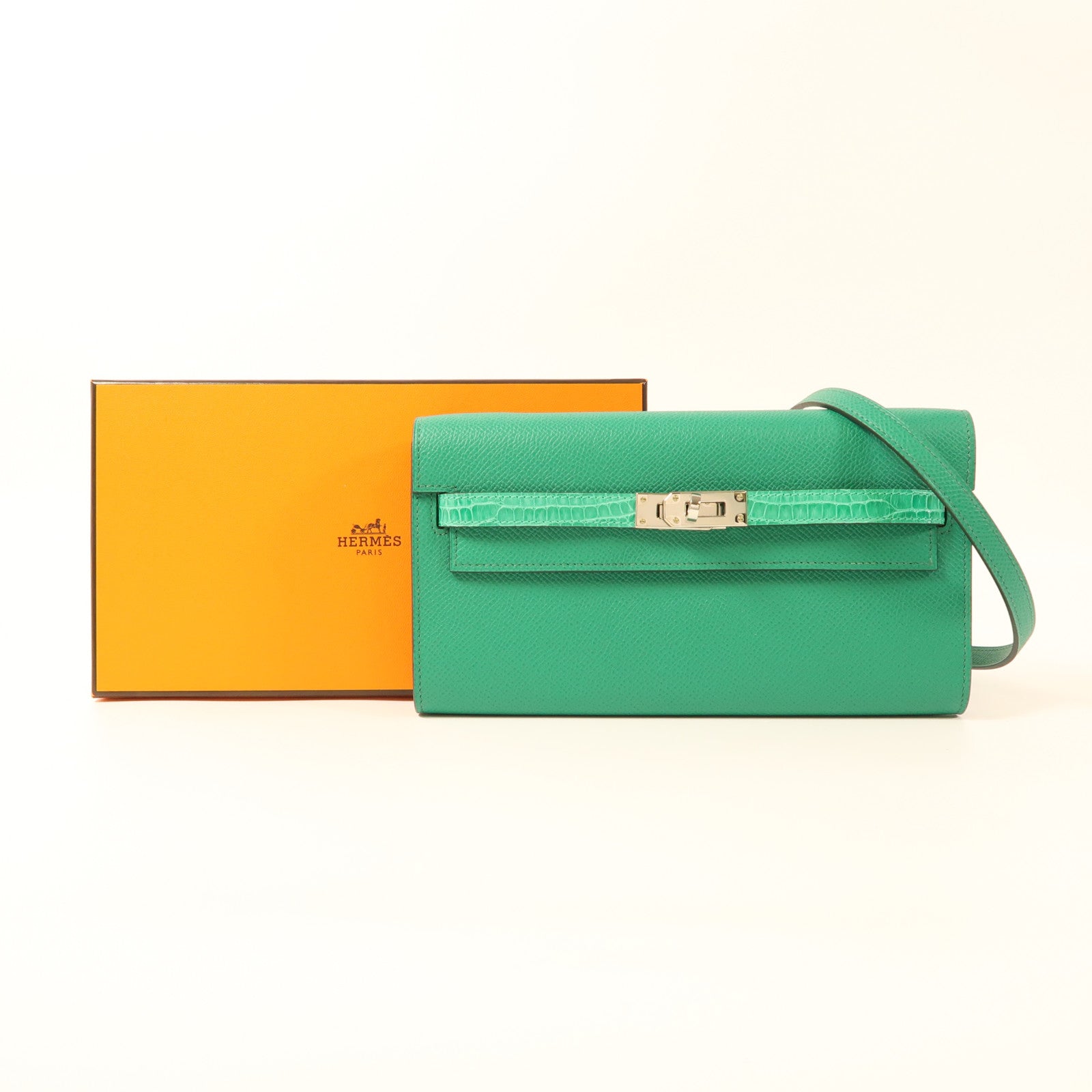HERMES Epsom/鱷魚皮革Kelly To Go銀扣手挽袋U6 Vert Jade