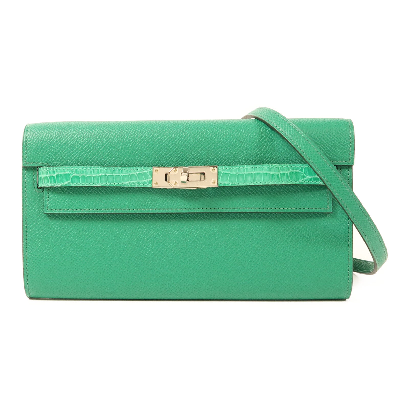 HERMES Epsom/鱷魚皮革Kelly To Go銀扣手挽袋U6 Vert Jade