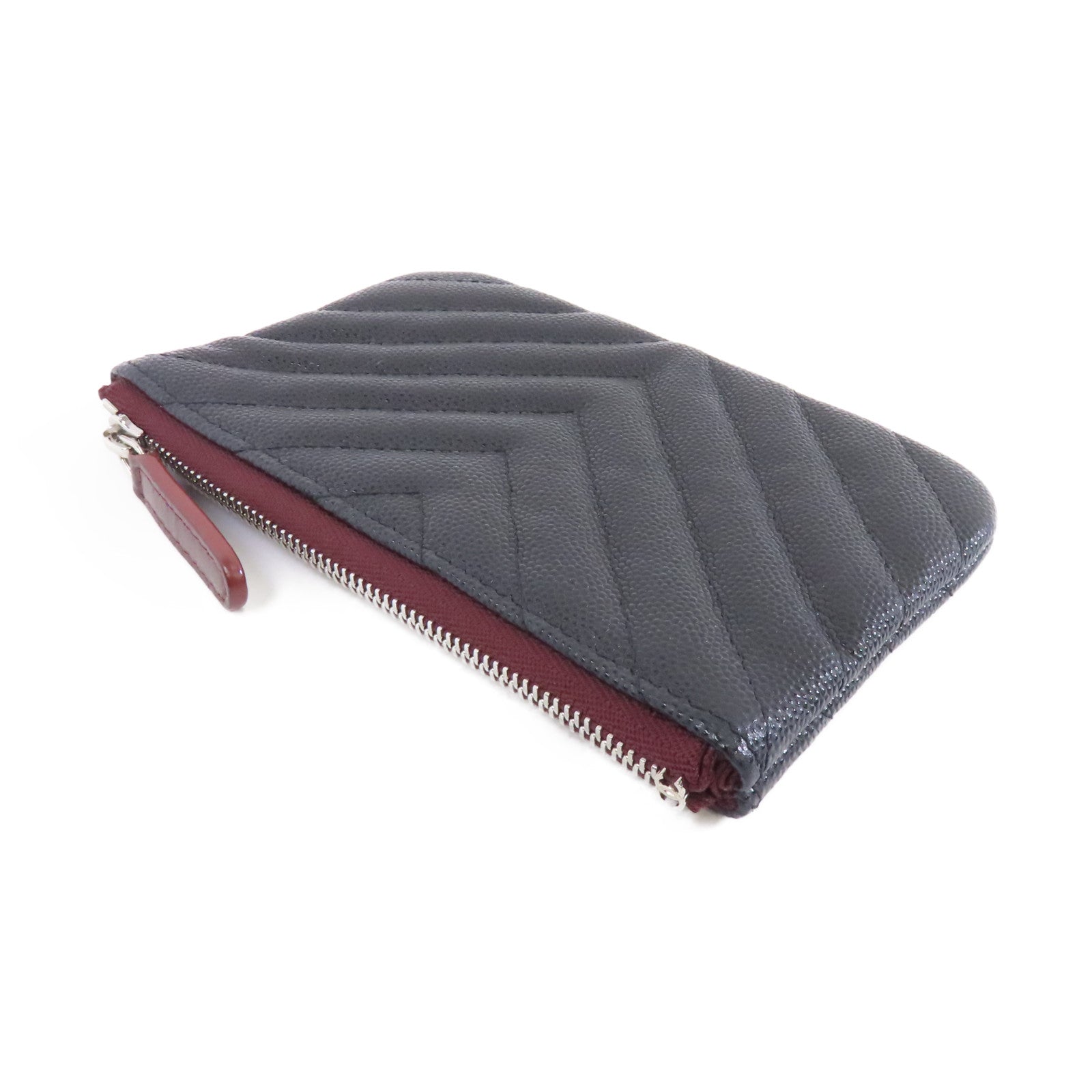 CHANEL 斜紋Caviar皮革Zipper Wallet銀扣拉鍊錢包黑色