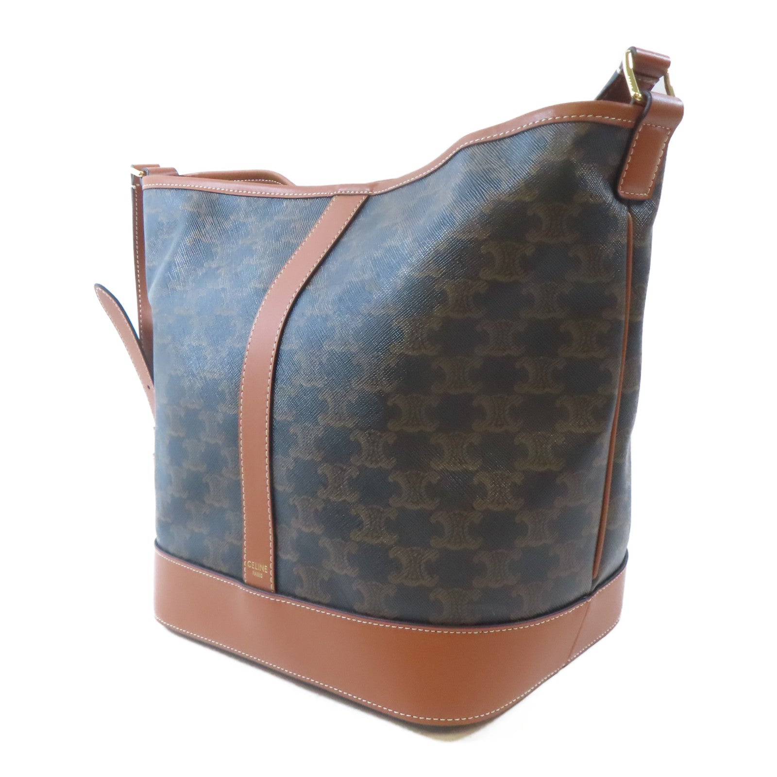 CELINE 塗層帆布Triomphe Bucket MM金扣肩背袋棕色