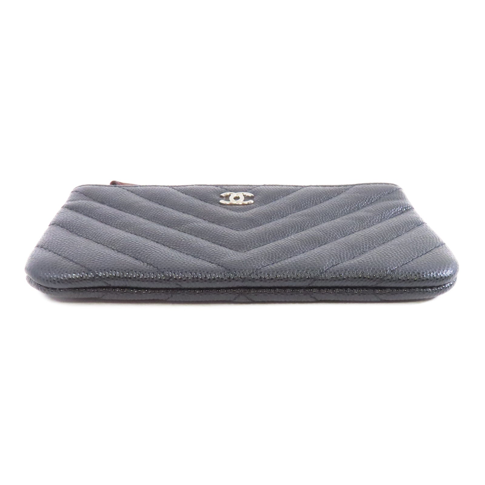 CHANEL 斜紋Caviar皮革Zipper Wallet銀扣拉鍊錢包黑色