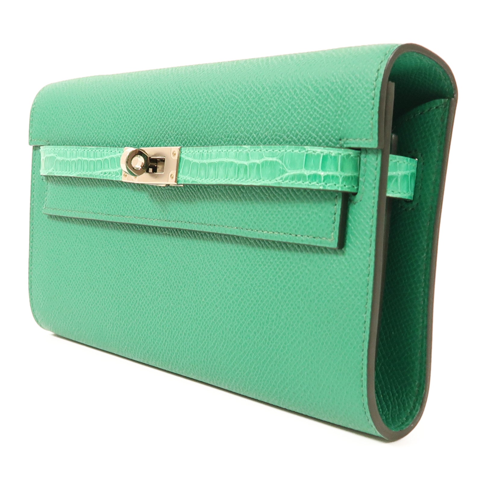 HERMES Epsom/鱷魚皮革Kelly To Go銀扣手挽袋U6 Vert Jade