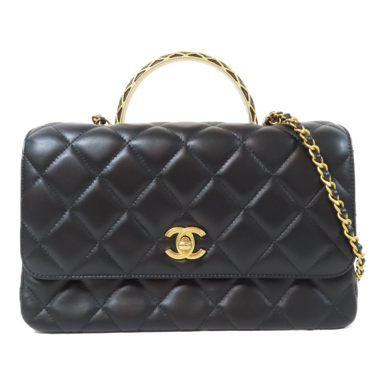 CHANEL 【激減優惠】菱格羊皮皮革Top Handle Flap金扣鏈帶手挽肩背兩用袋黑色
