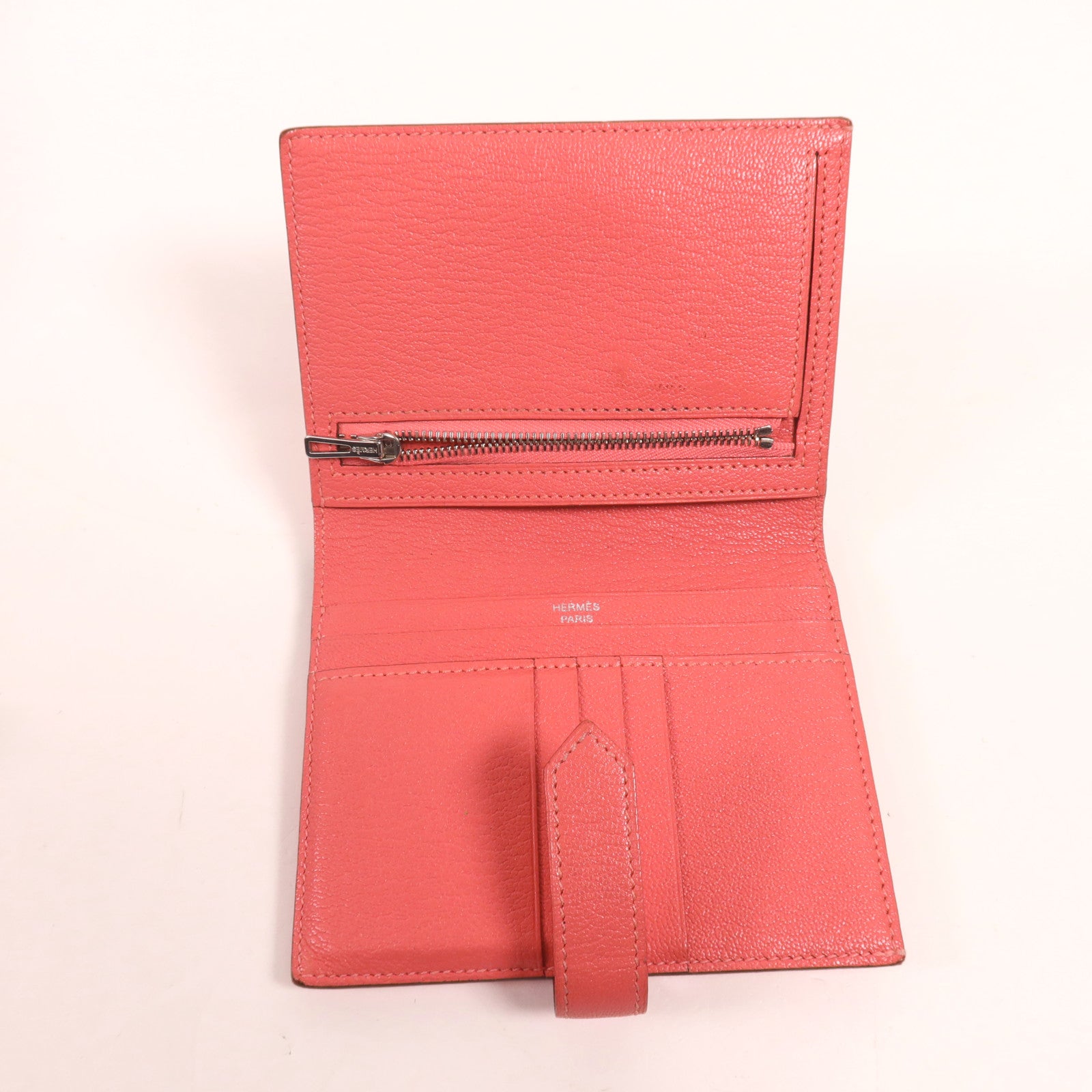HERMES Chevre皮革Bearn Compact Wallet銀扣錢包Rose Azalee