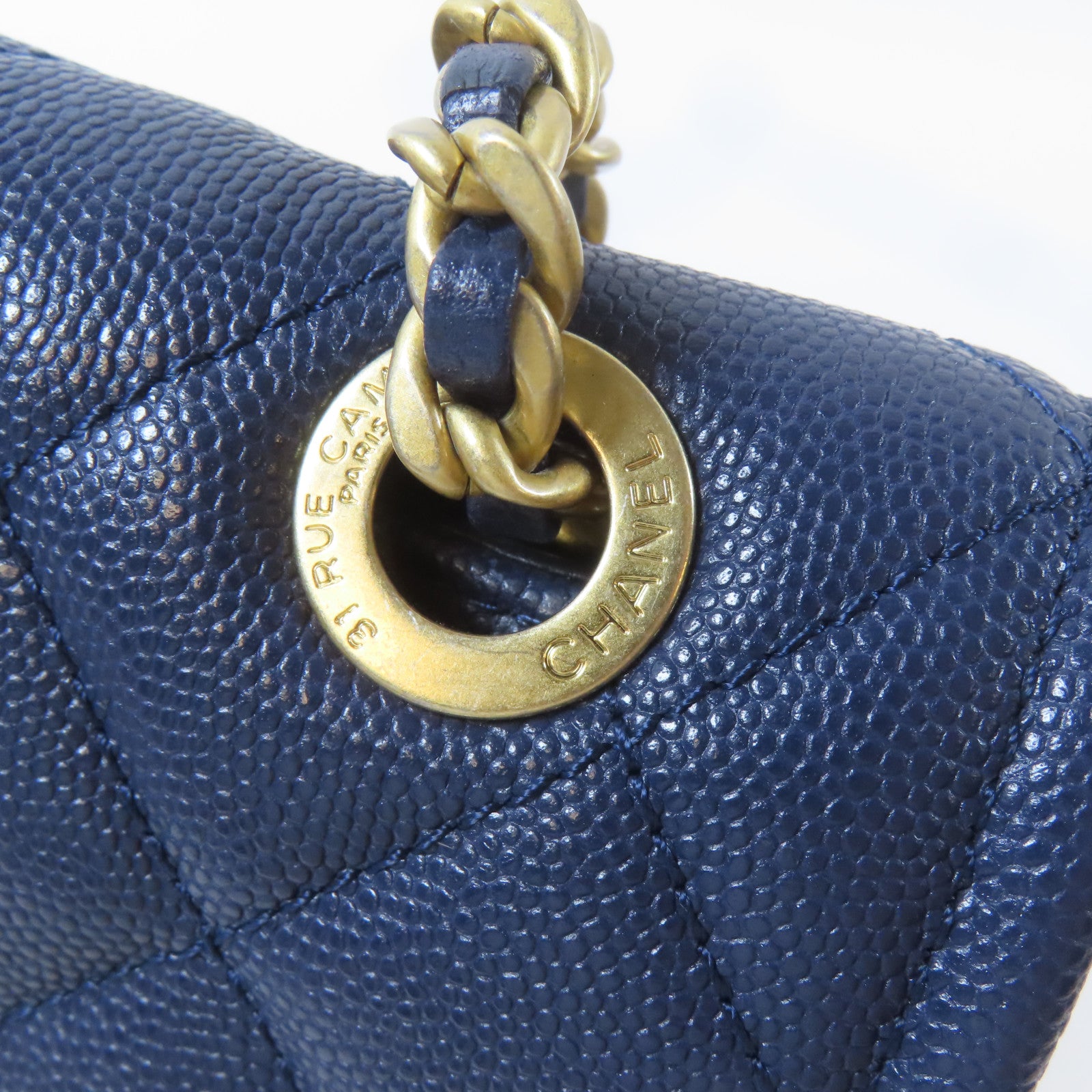 CHANEL 菱格Caviar皮革Chain Shoulder Bag金扣鏈帶肩背袋藍色