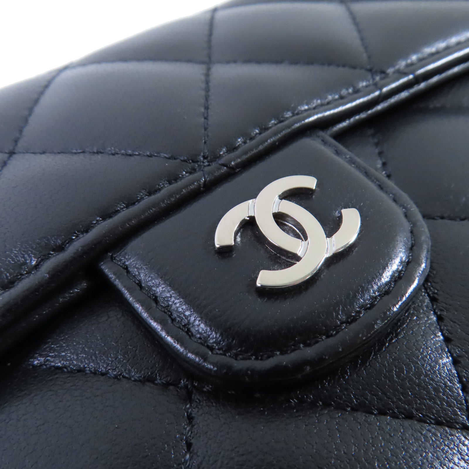 CHANEL 羊皮皮革Long Wallet銀扣長錢包黑色