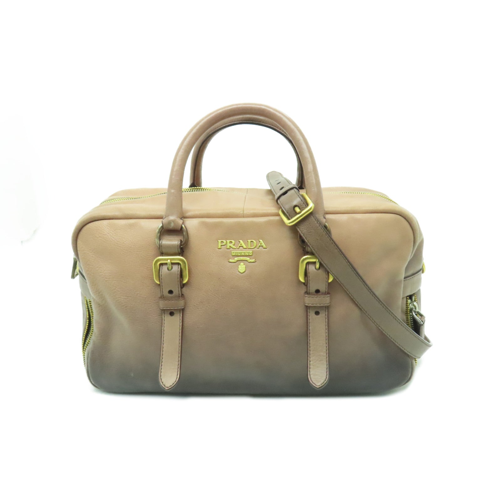 PRADA 【清倉大減價】牛皮皮革2way Shoulder Bag金扣手拿包米色/灰色