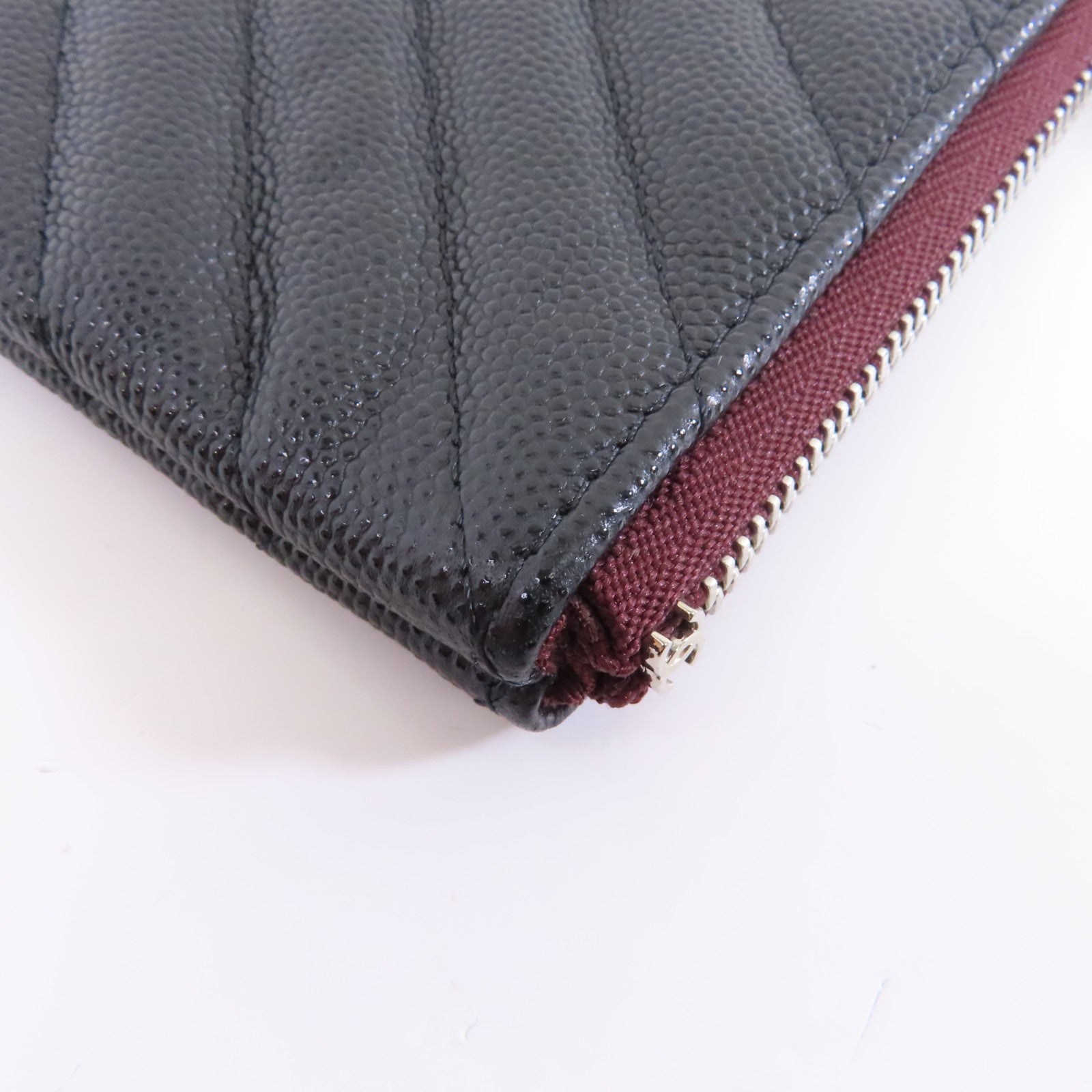 CHANEL 斜紋Caviar皮革Zipper Wallet銀扣拉鍊錢包黑色