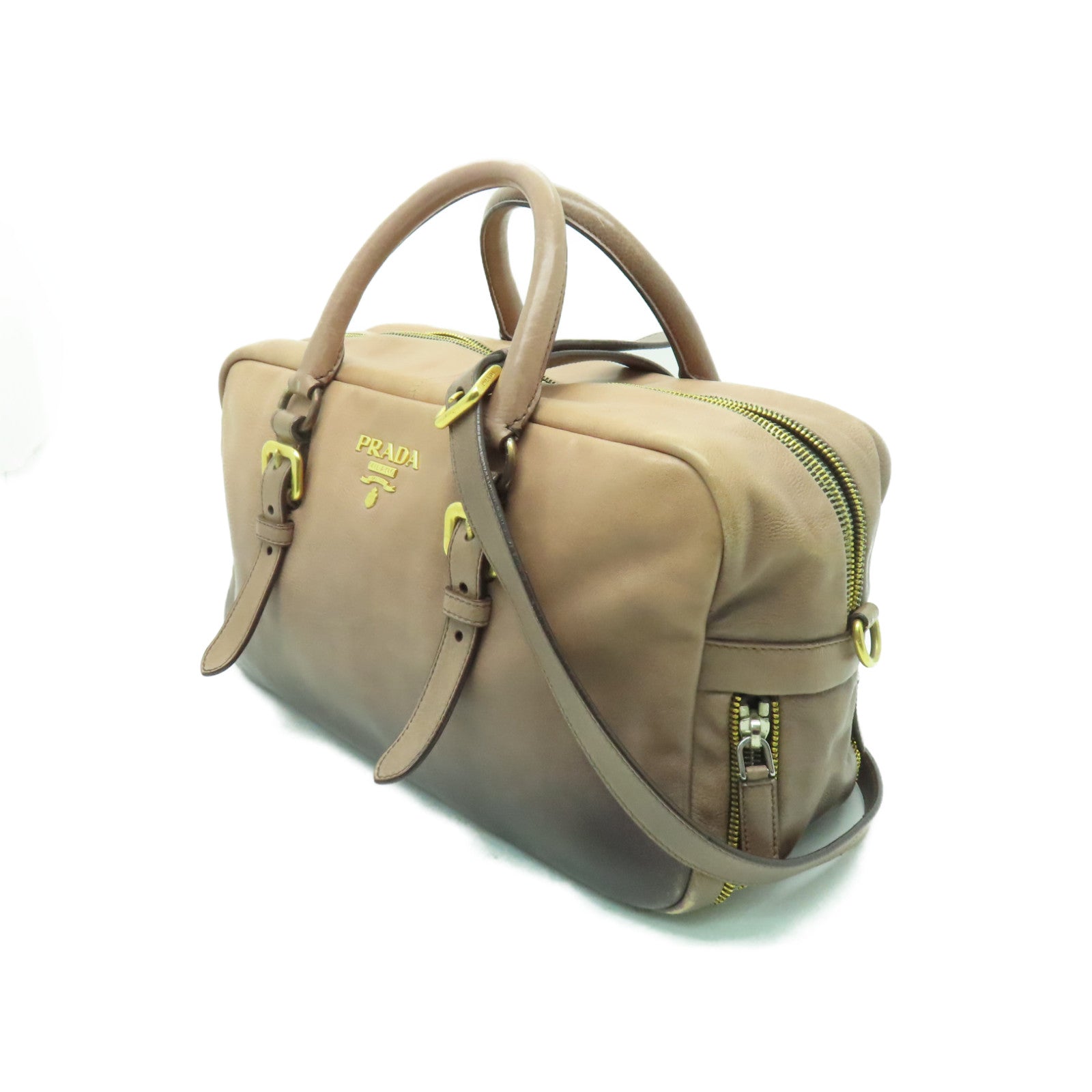 PRADA 【清倉大減價】牛皮皮革2way Shoulder Bag金扣手拿包米色/灰色
