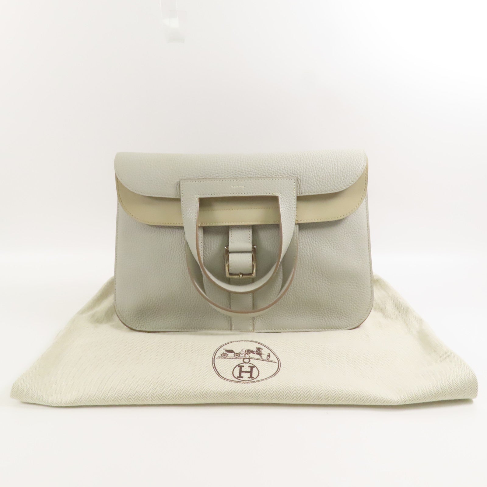 HERMES Clemence皮革Halzan 31銀扣手挽肩背兩用袋Gris Perle