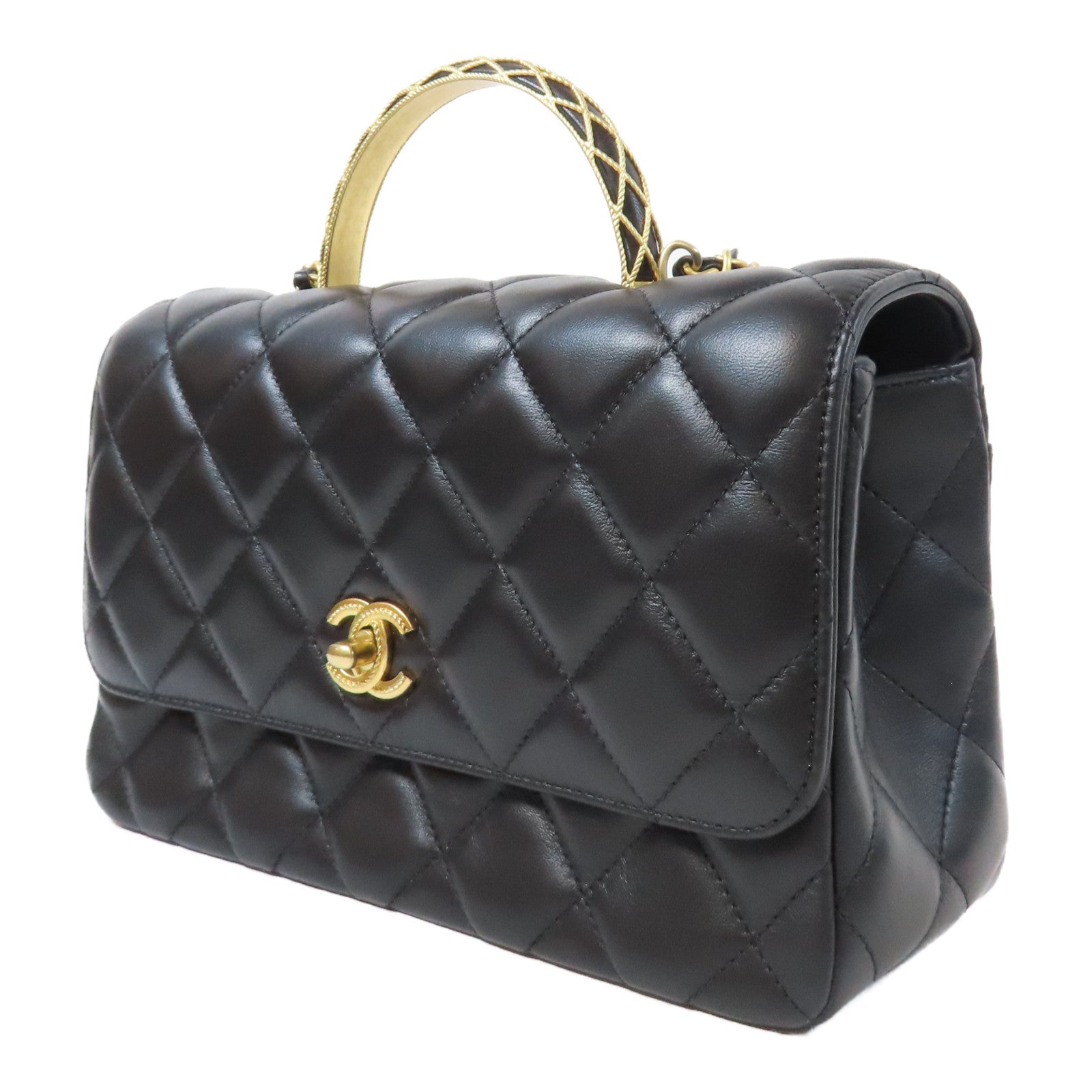 CHANEL 【激減優惠】菱格羊皮皮革Top Handle Flap金扣鏈帶手挽肩背兩用袋黑色