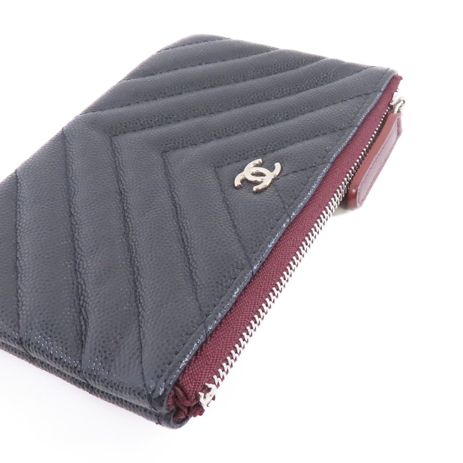 CHANEL 斜紋Caviar皮革Zipper Wallet銀扣拉鍊錢包黑色