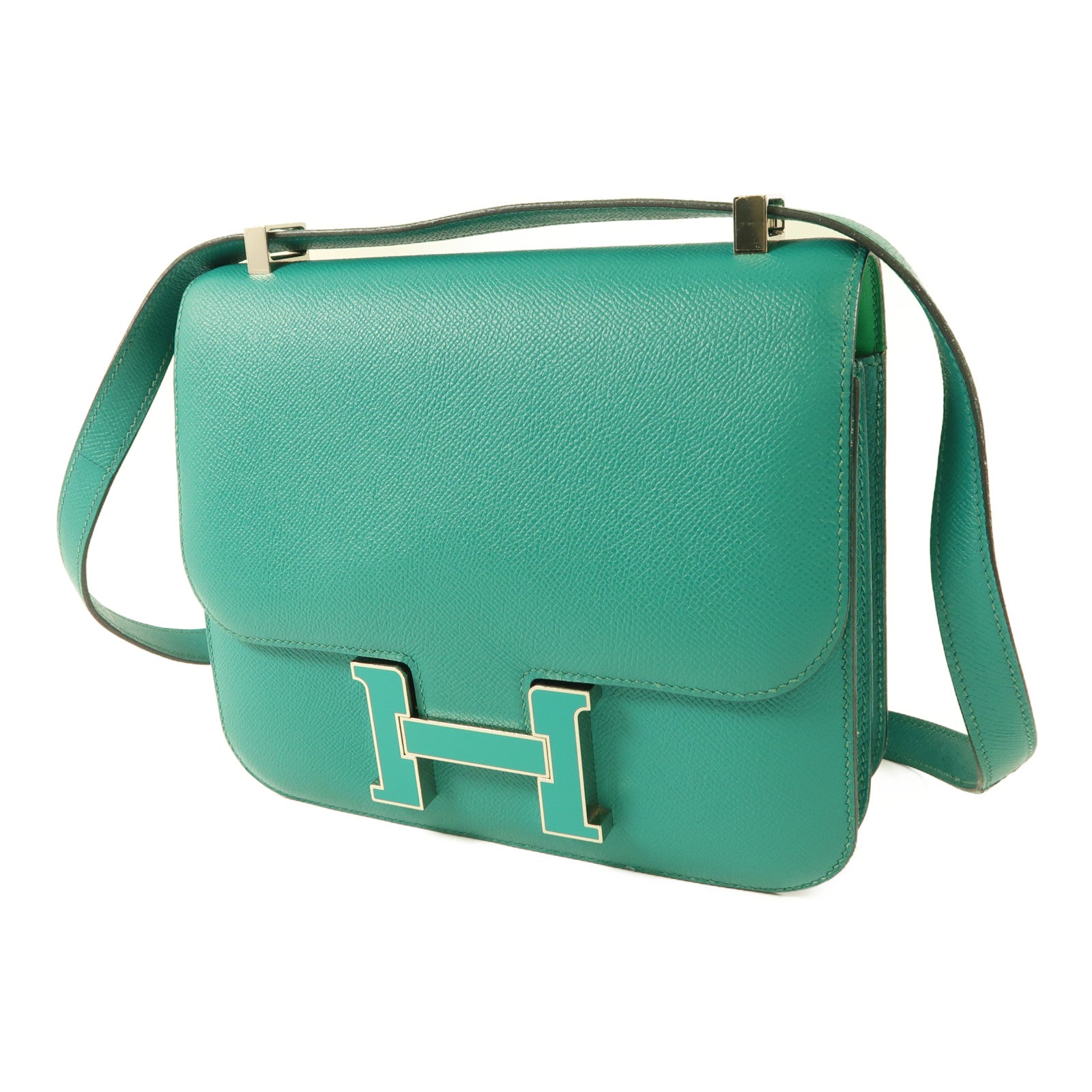 HERMES Epsom皮革Constance 24銀扣肩背袋Blue Paon/Menthe