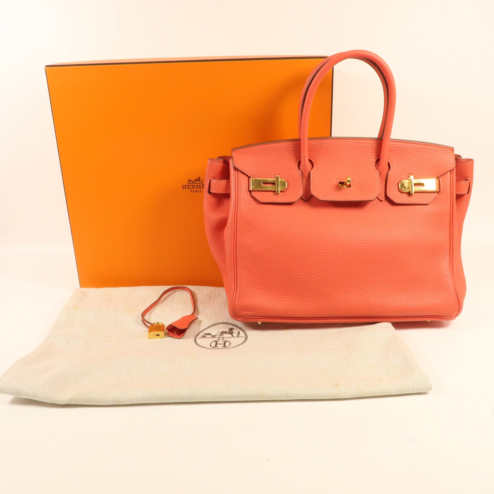 HERMES Clemence皮革Birkin 30金扣手挽袋Rouge Pivoine