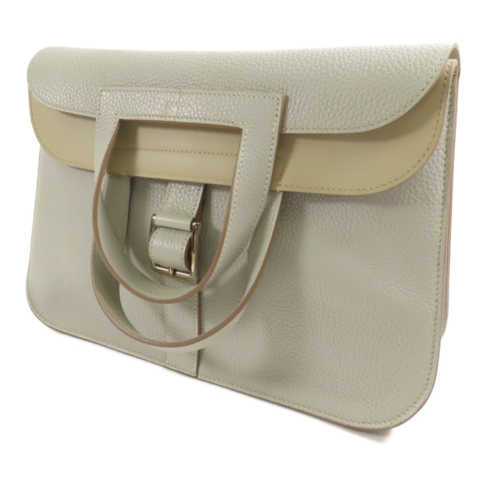HERMES Clemence皮革Halzan 31銀扣手挽肩背兩用袋Gris Perle